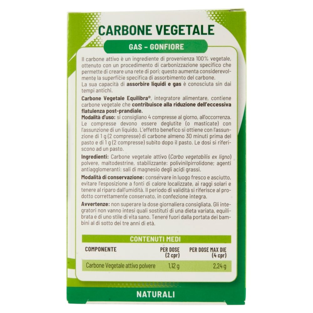 Retro della confezione di Equilibra® Carbone Vegetale. Testo su ingredienti e uso.