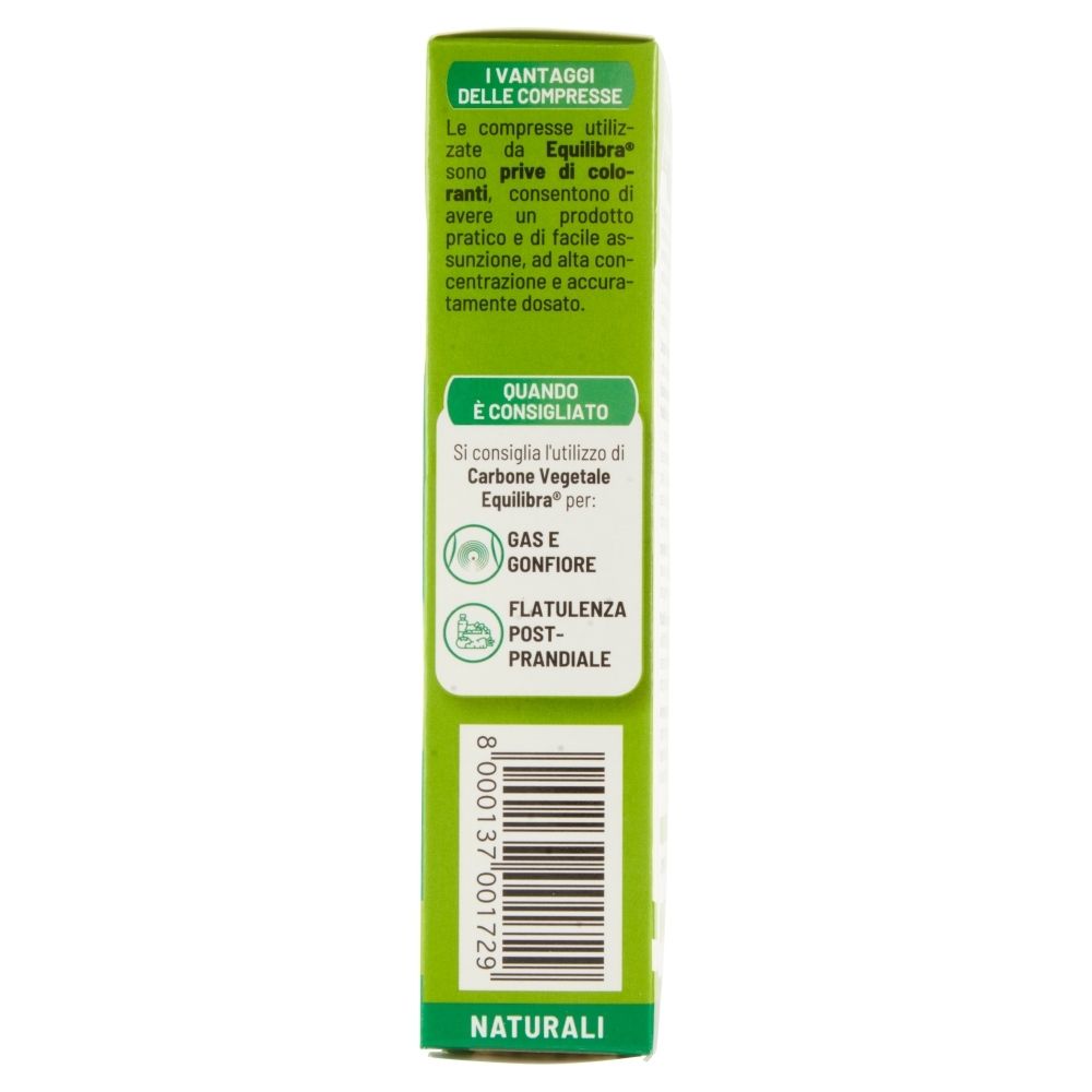 Lato della confezione di Equilibra® Carbone Vegetale. Informazioni sui vantaggi delle compresse.