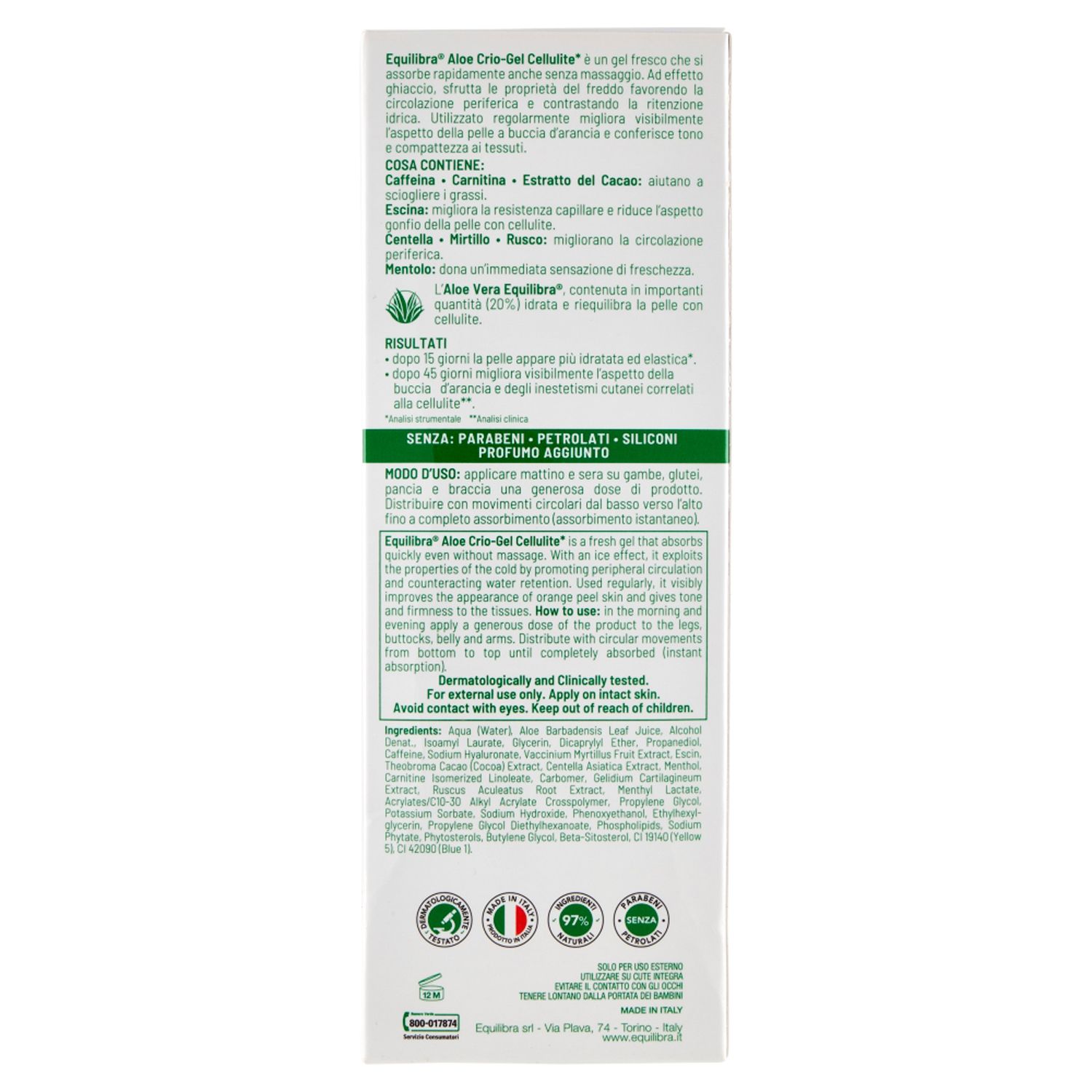 Retro della confezione di Equilibra® Aloe Crio-Gel Cellulite. Informazioni testuali e loghi visibili.