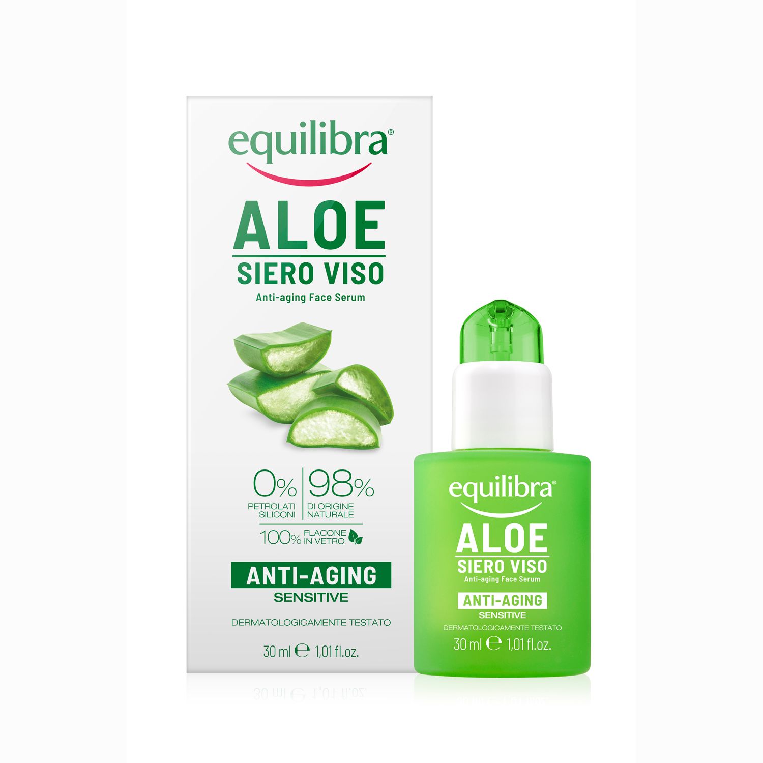 Equilibra Aloe Siero Viso Anti-Aging. Flacone e confezione verdi. Foglie di aloe vera illustrate. Dermatologicamente testato.