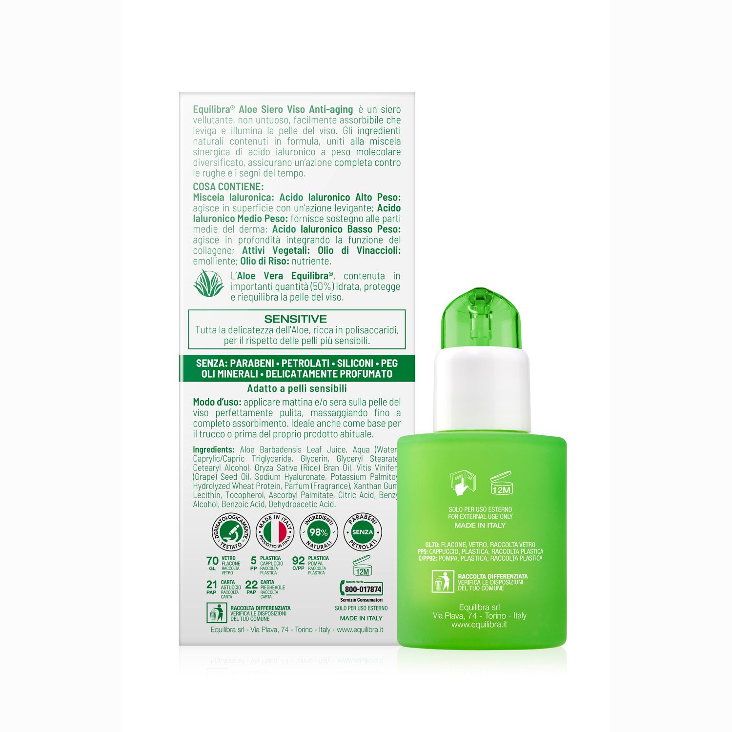 Retro confezione Equilibra Aloe Siero Viso Anti-Aging. Ingredienti e informazioni. Flacone verde.