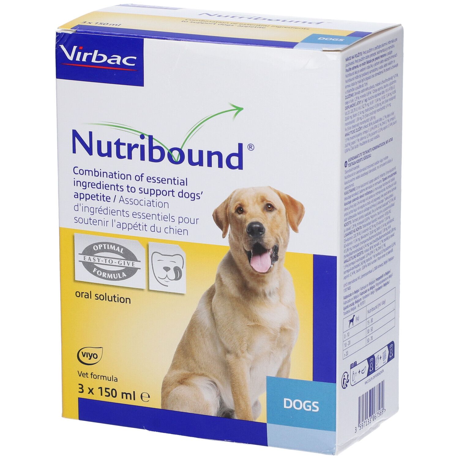 Confezione con nome e logo del prodotto. Immagine di un cane. Contiene 3 flaconi. Scritta: Oral Solution.