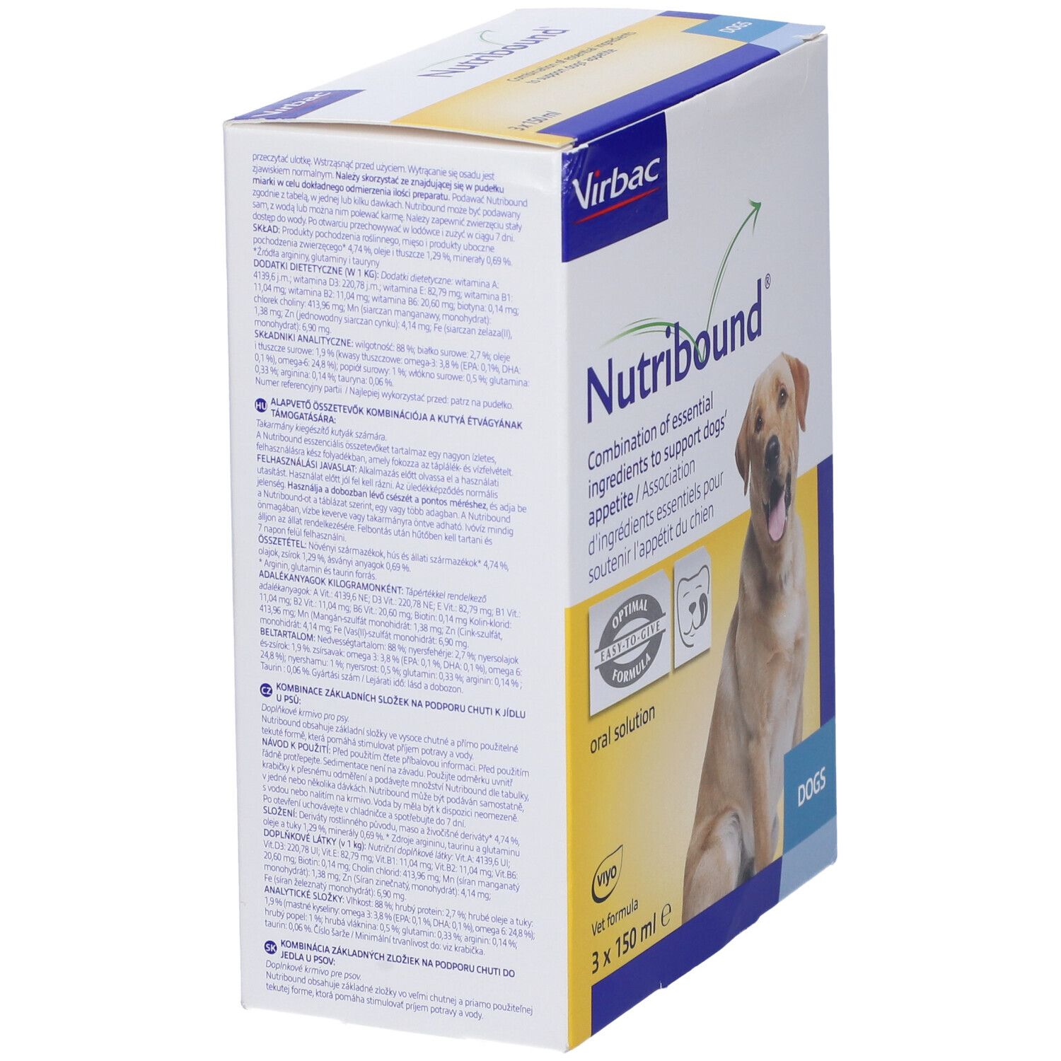 Confezione con nome e logo del prodotto. Immagine di un cane. Contiene 3 flaconi. Scritta: Oral Solution.