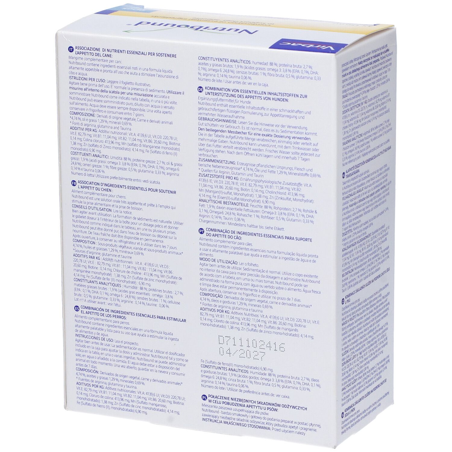 Confezione con nome e logo del prodotto. Retro con informazioni sul contenuto. Contiene 3 flaconi. Scritta: Oral Solution.