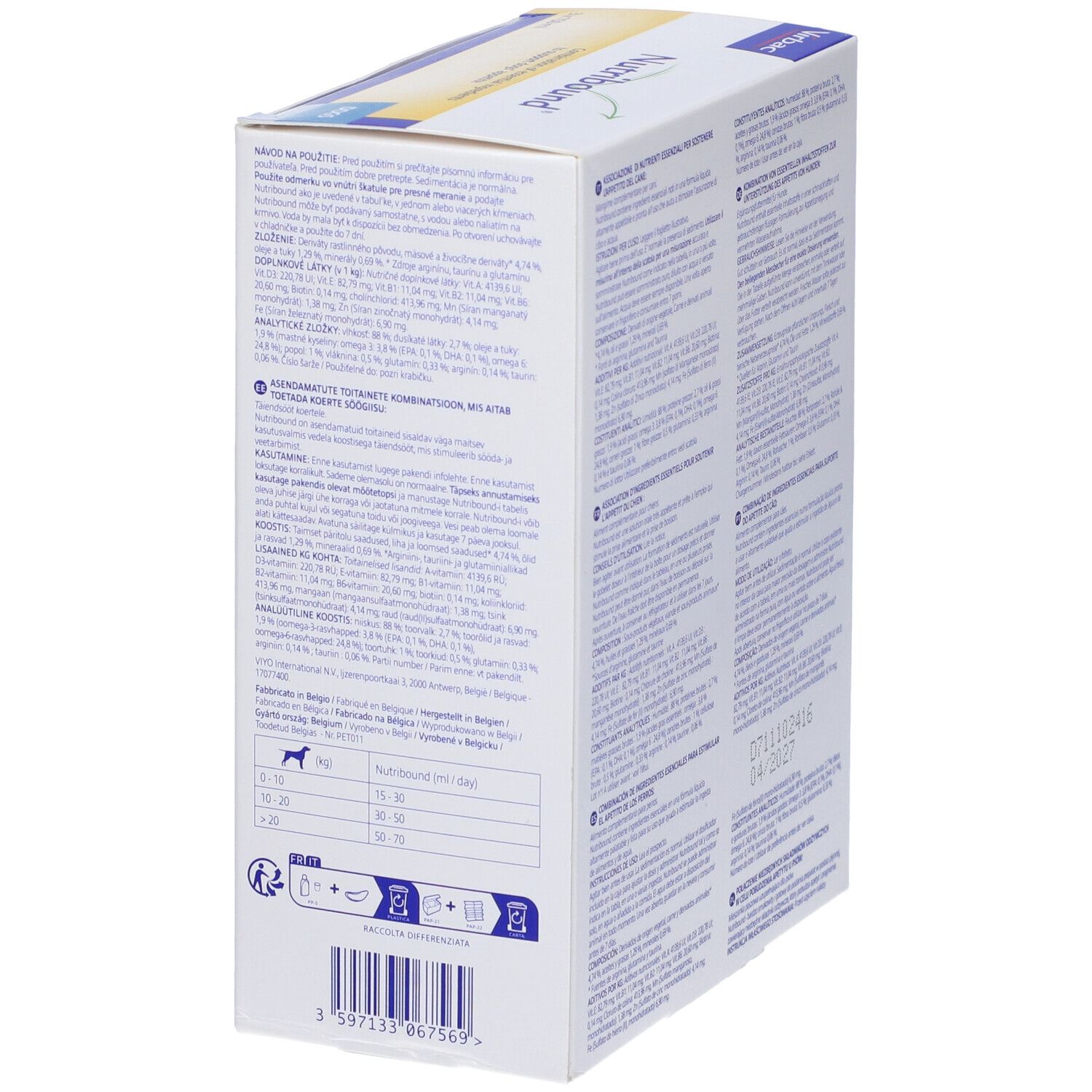 Confezione con nome e logo del prodotto. Retro con informazioni sul contenuto. Contiene 3 flaconi. Scritta: Oral Solution.