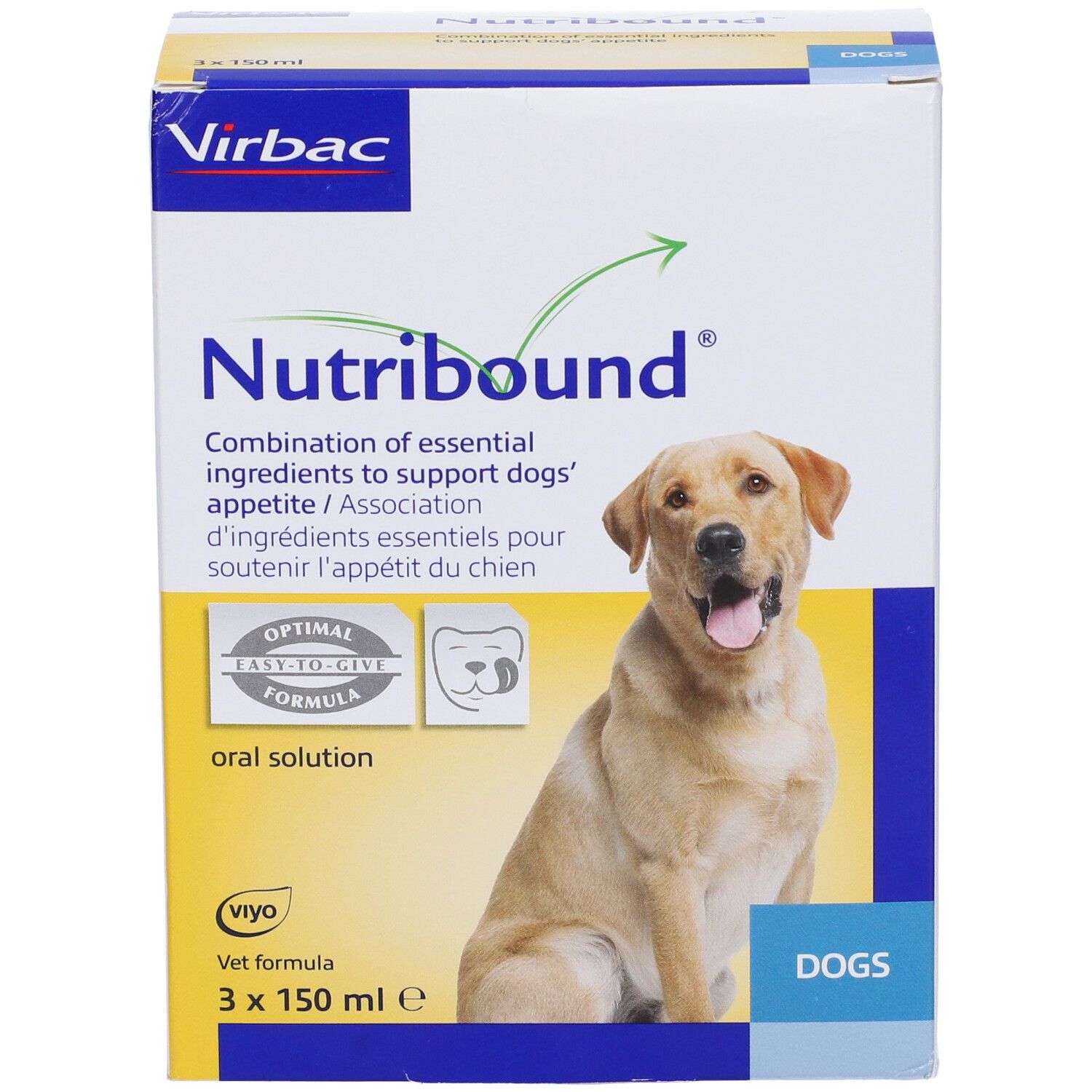 Confezione con nome e logo del prodotto. Immagine di un cane. Contiene 3 flaconi. Scritta: Oral Solution.