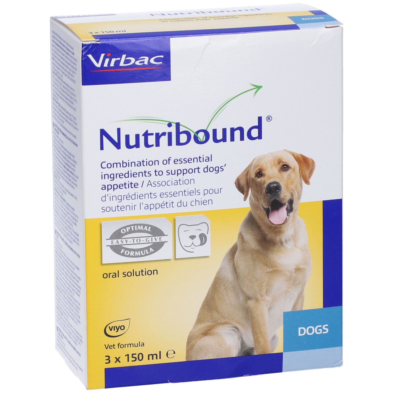 Confezione con nome e logo del prodotto. Immagine di un cane. Contiene 3 flaconi. Scritta: Oral Solution.