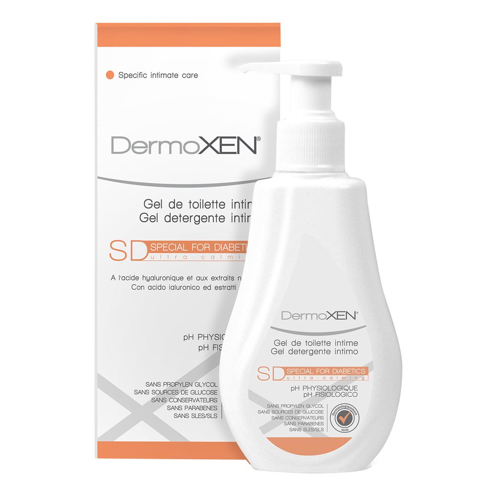 Flacone bianco con pompa e confezione. Scritta: DermoXEN, Gel de toilette intime, SD Special for Diabetic.