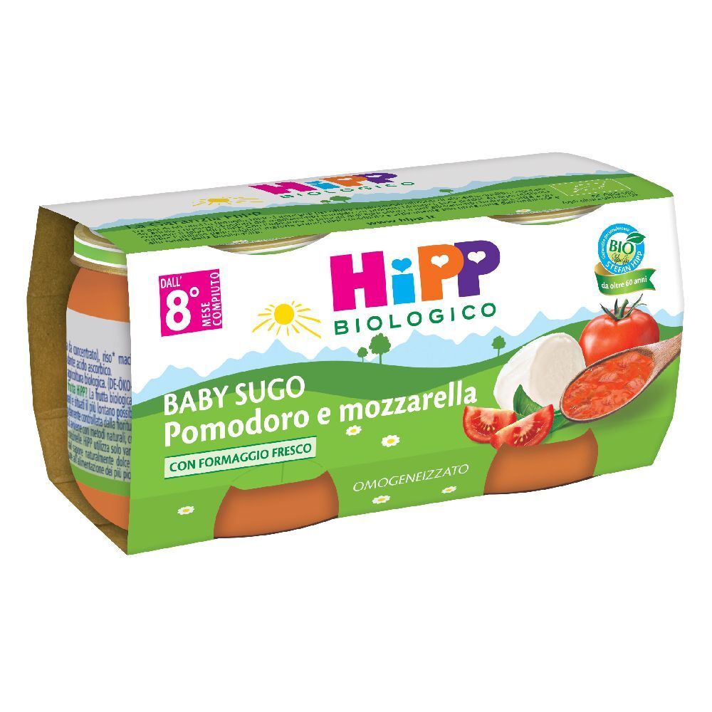 Confezione con due vasetti di Baby Sugo Pomodoro e Mozzarella. Scritte: HiPP Biologico, marchio bio, da 8 mesi.