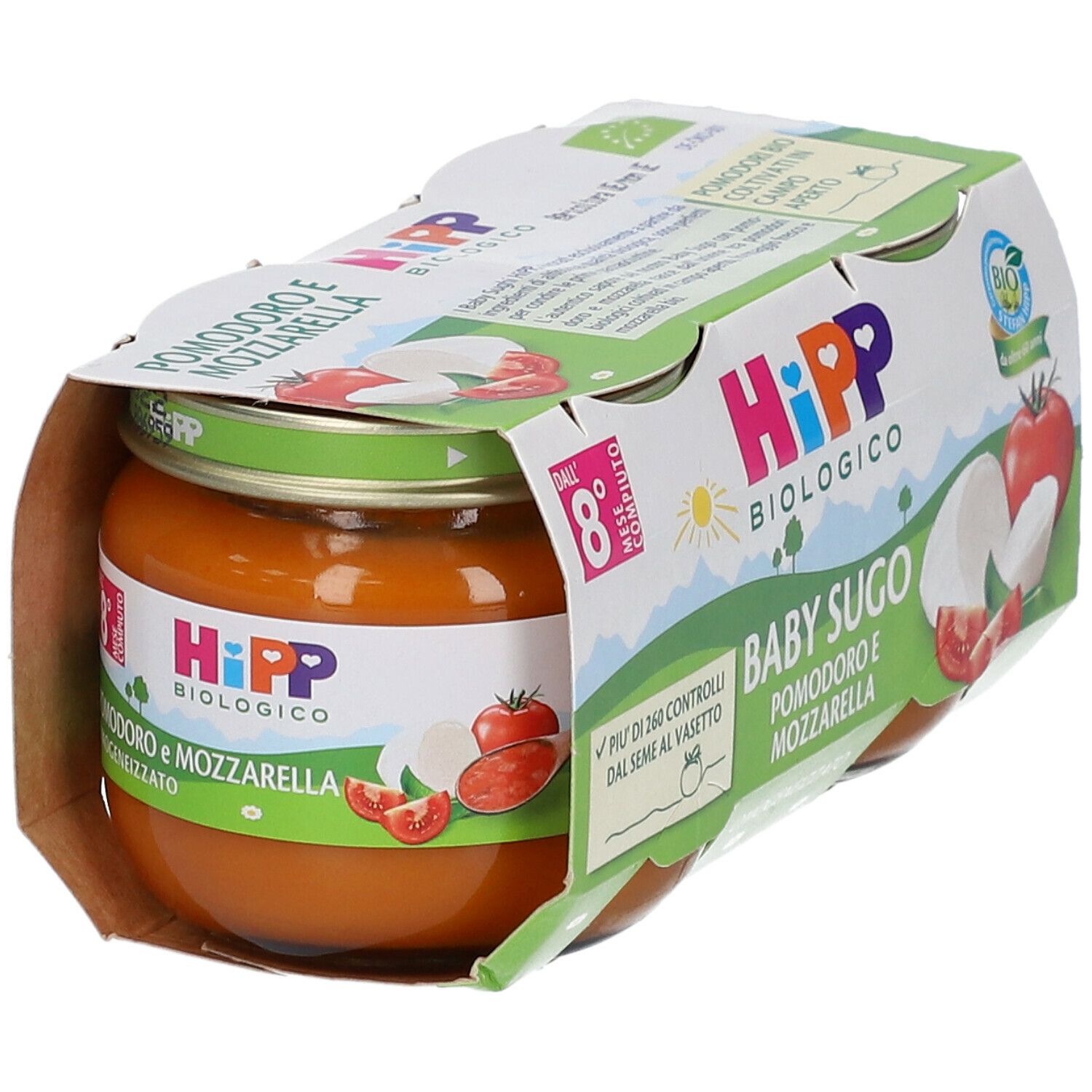 Confezione con due vasetti Baby Sugo Pomodoro e Mozzarella. HiPP Biologico, marchio bio, da 8 mesi. Immagine del prodotto con ingredienti.