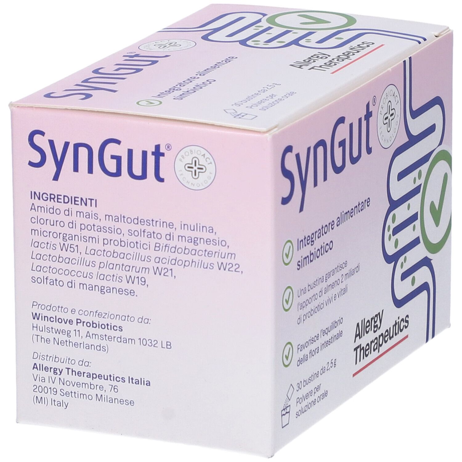Scatola rosa Syngut. Elenco ingredienti e informazioni produttore.