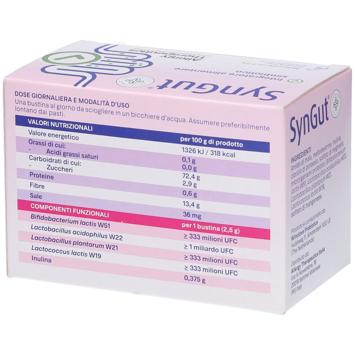 Scatola rosa Syngut. Valori nutrizionali e componenti funzionali.