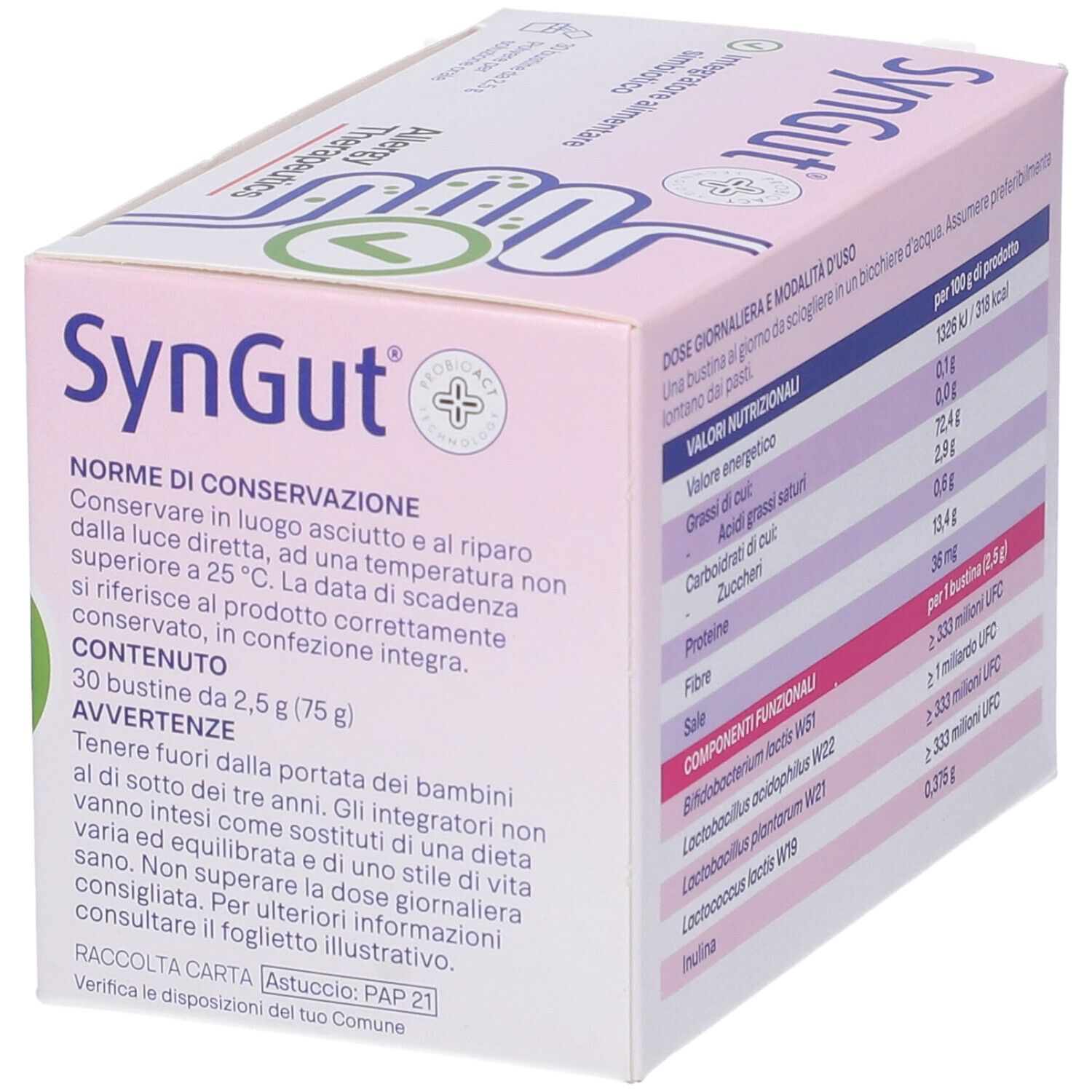 Scatola rosa Syngut. Istruzioni per la conservazione e contenuto.