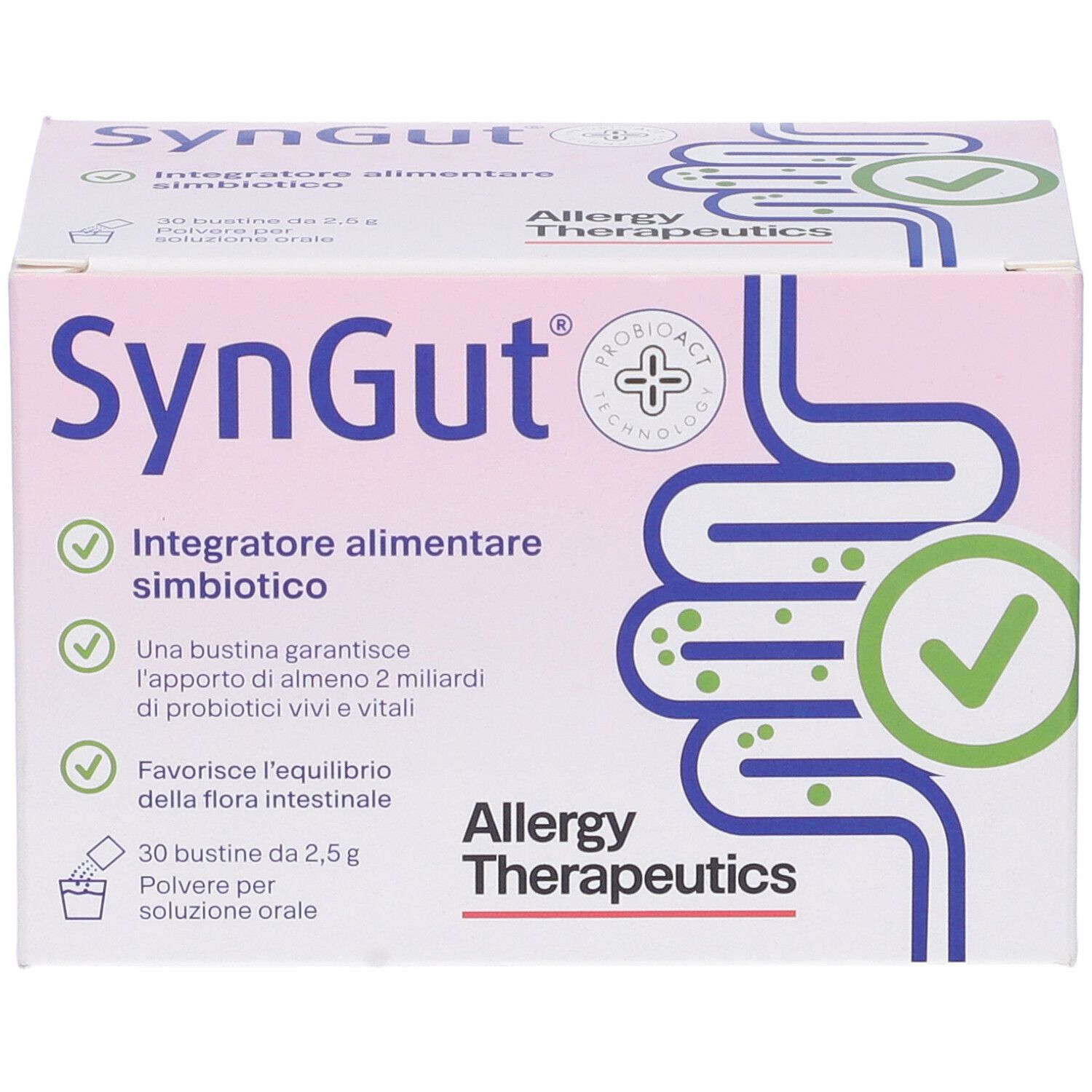 Scatola rosa Syngut. Logo e testo: Integratore alimentare simbiotico.