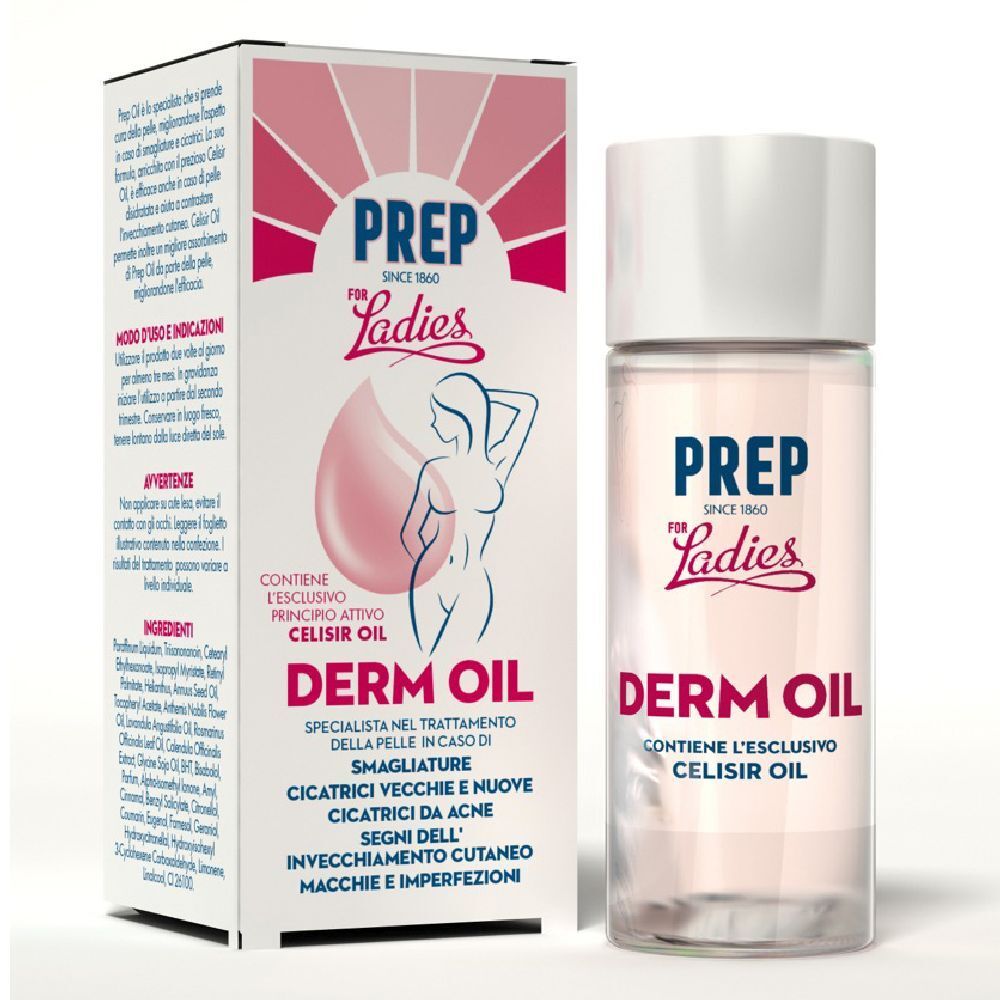Flacone e confezione del prodotto. Scritta: PREP, Derm Oil. Contiene olio Celisir. Liquido rosa in un flacone trasparente.