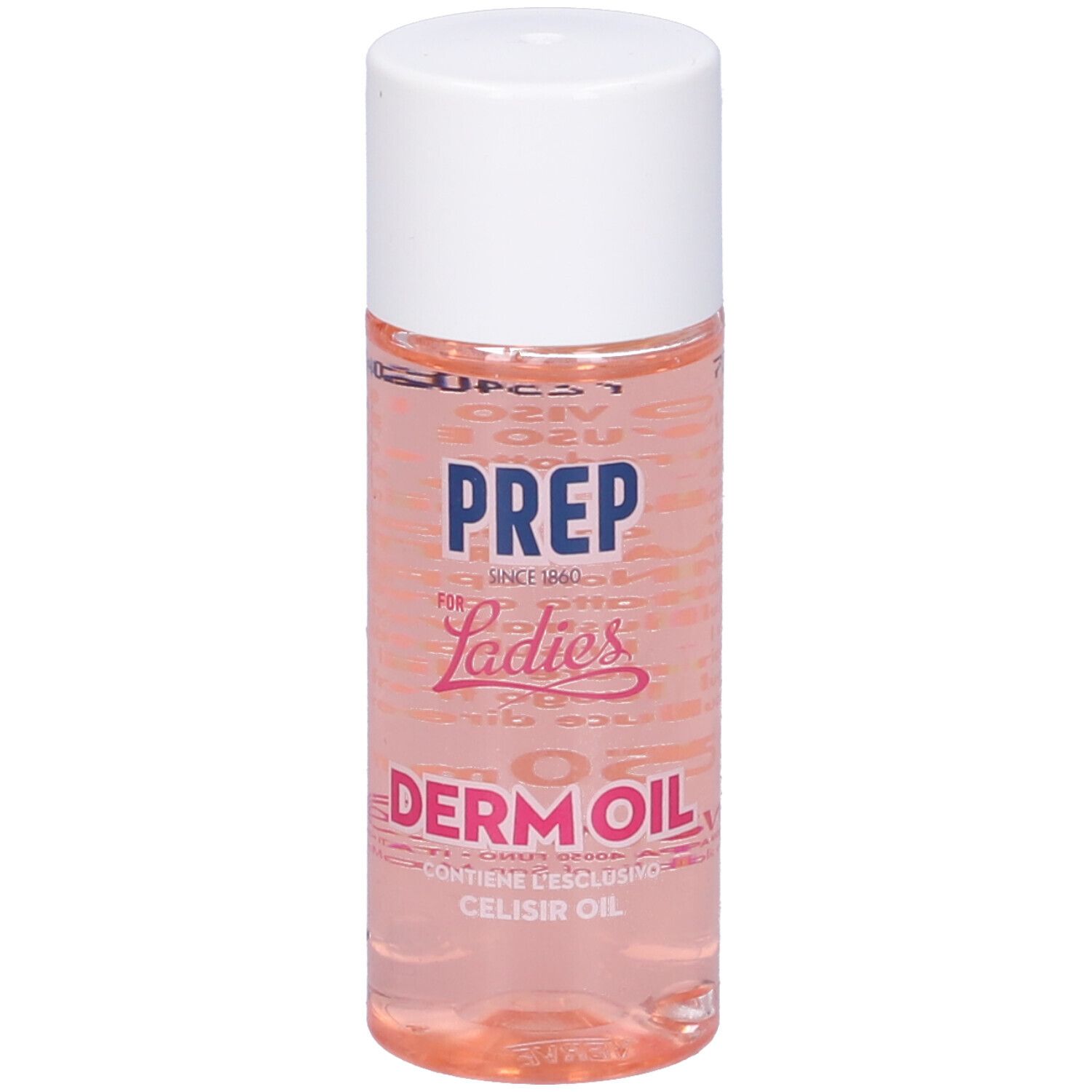 Flacone del prodotto. Scritta: PREP, Derm Oil. Contiene olio Celisir. Liquido rosa in un flacone trasparente con tappo bianco.