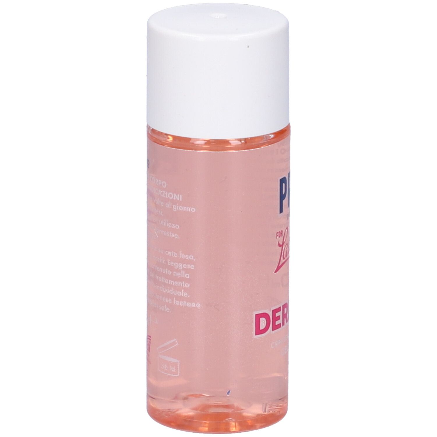 Flacone del prodotto. Scritta: PREP, Derm Oil. Contiene olio Celisir. Liquido rosa in un flacone trasparente con tappo bianco.