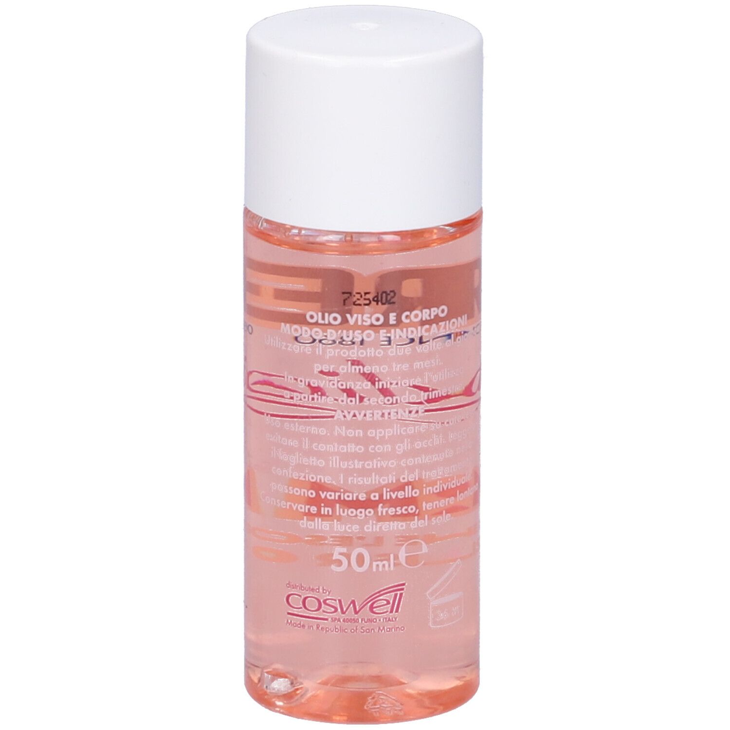 Flacone del prodotto. Scritta: PREP, Derm Oil. Contiene olio Celisir. Liquido rosa in un flacone trasparente con tappo bianco.