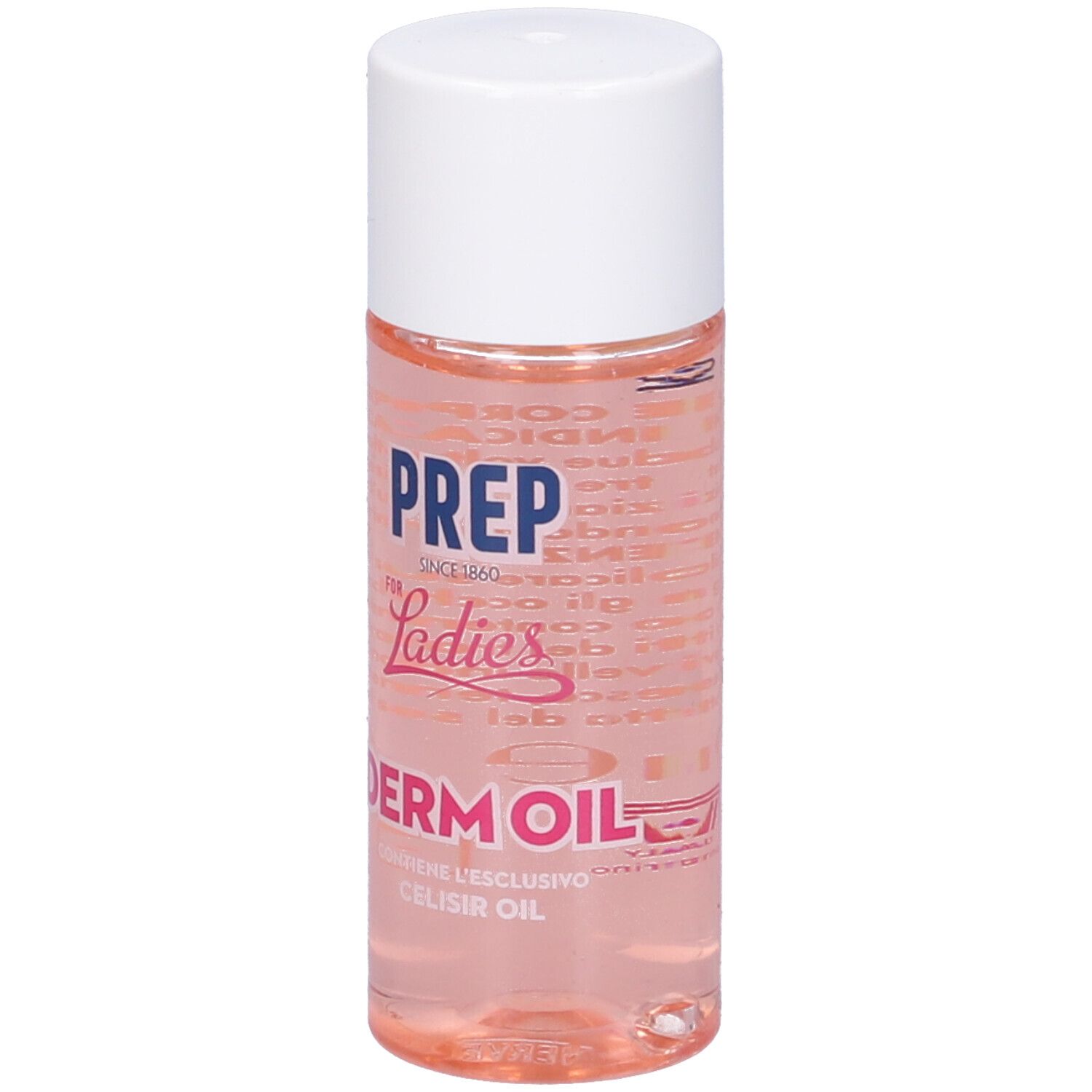 Flacone del prodotto. Scritta: PREP, Derm Oil. Contiene olio Celisir. Liquido rosa in un flacone trasparente con tappo bianco.
