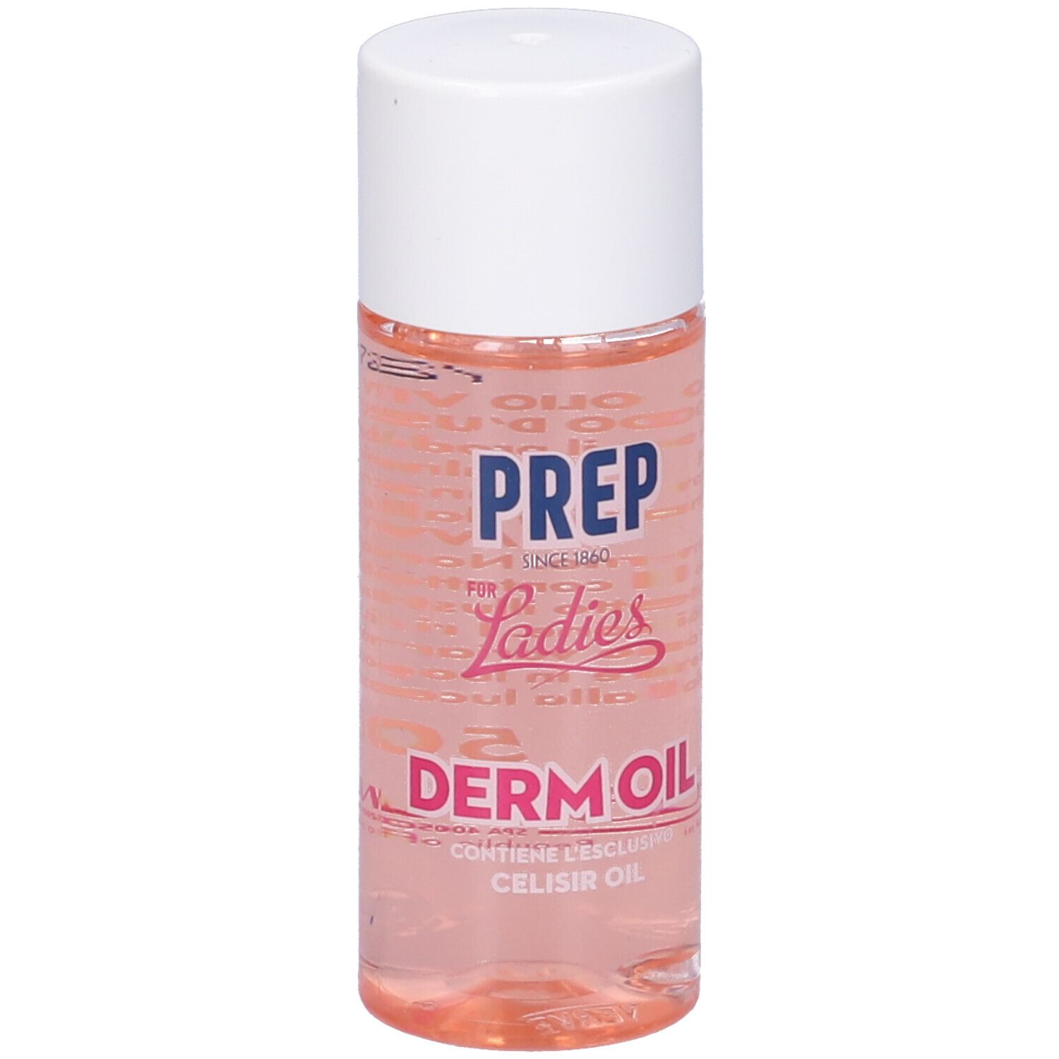 Flacone del prodotto. Scritta: PREP, Derm Oil. Contiene olio Celisir. Liquido rosa in un flacone trasparente con tappo bianco.