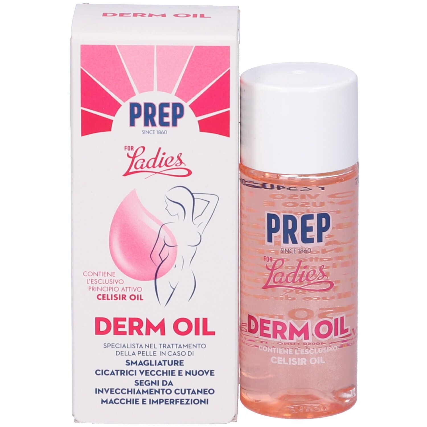 Flacone e confezione del prodotto. Scritta: PREP, Derm Oil. Contiene olio Celisir. Liquido rosa in un flacone trasparente.