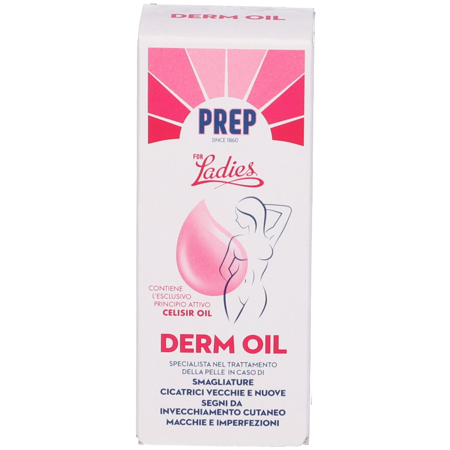 Confezione del prodotto. Scritta: PREP, Derm Oil. Contiene olio Celisir. Illustrazione di una donna e una goccia.