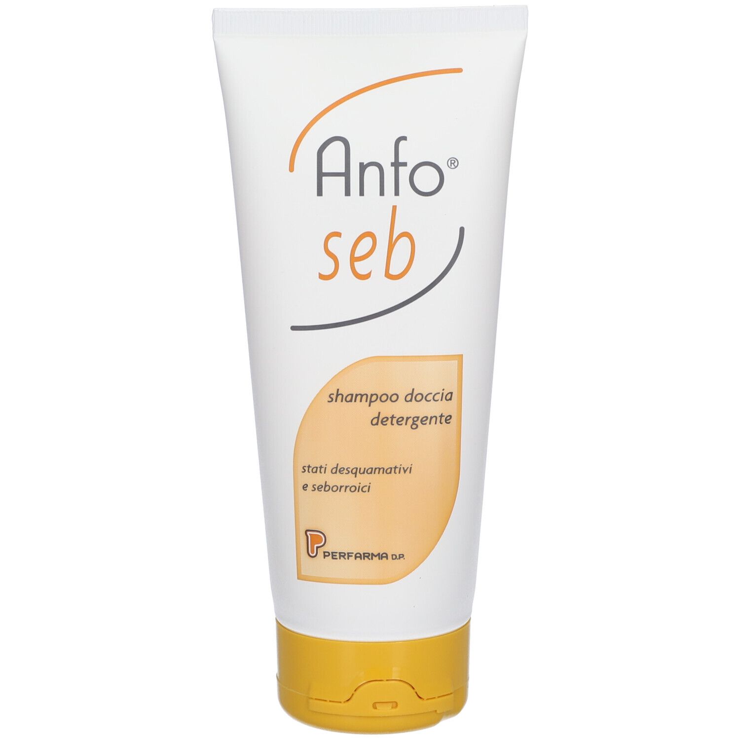 Weiße Tube mit gelbem Verschluss. Aufschrift "Anfo seb" und "shampoo doccia detergente".