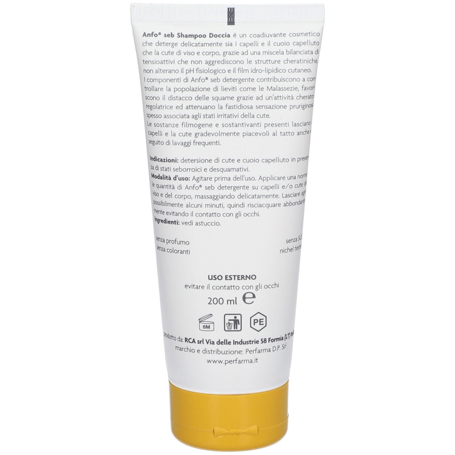 Rückseite einer Tube. Text in italienischer Sprache. Gelber Verschluss. 200 ml.
