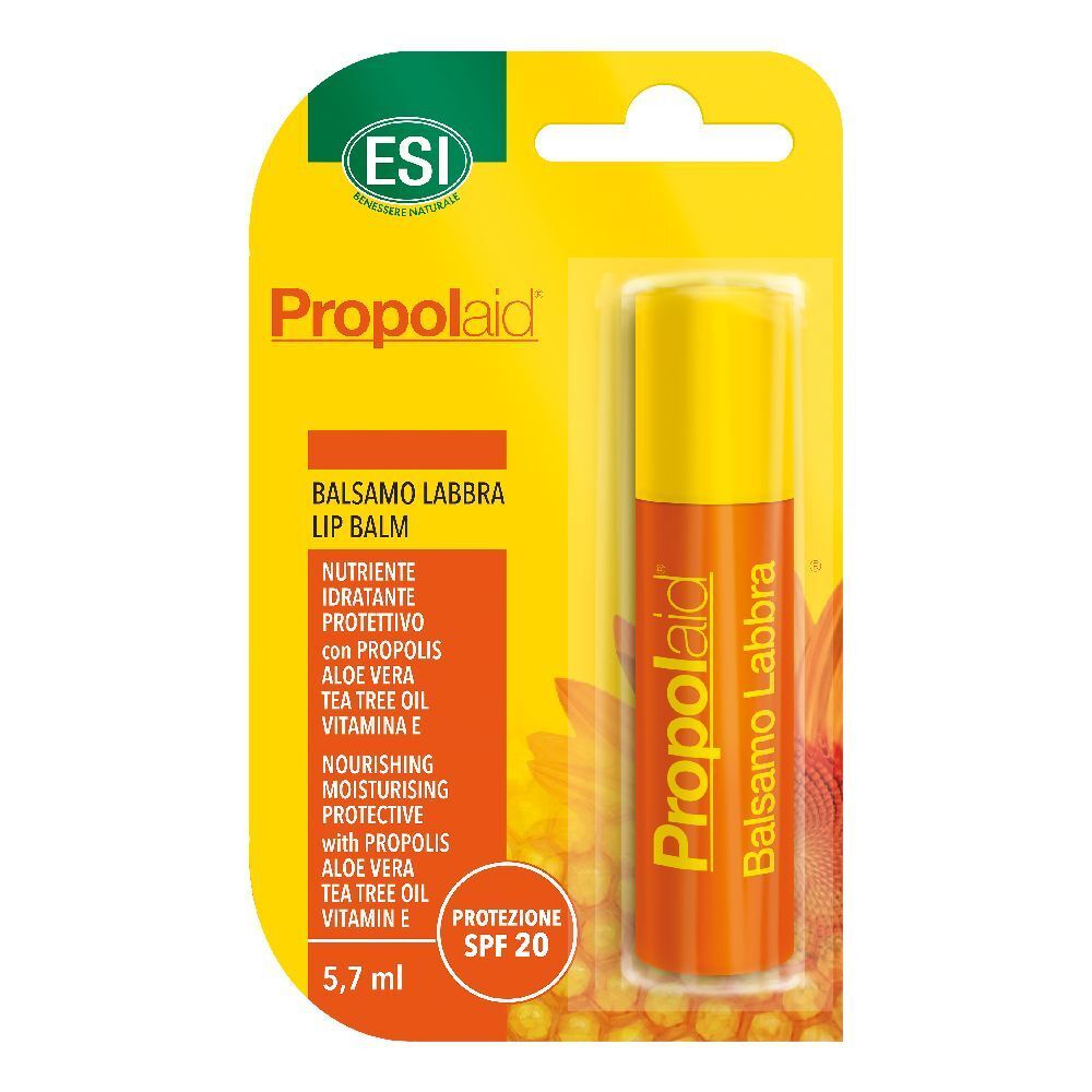Balsamo labbra in blister. Stick arancione con cappuccio giallo. Testo: Propolaid, Balsamo Labbra, SPF 20.
