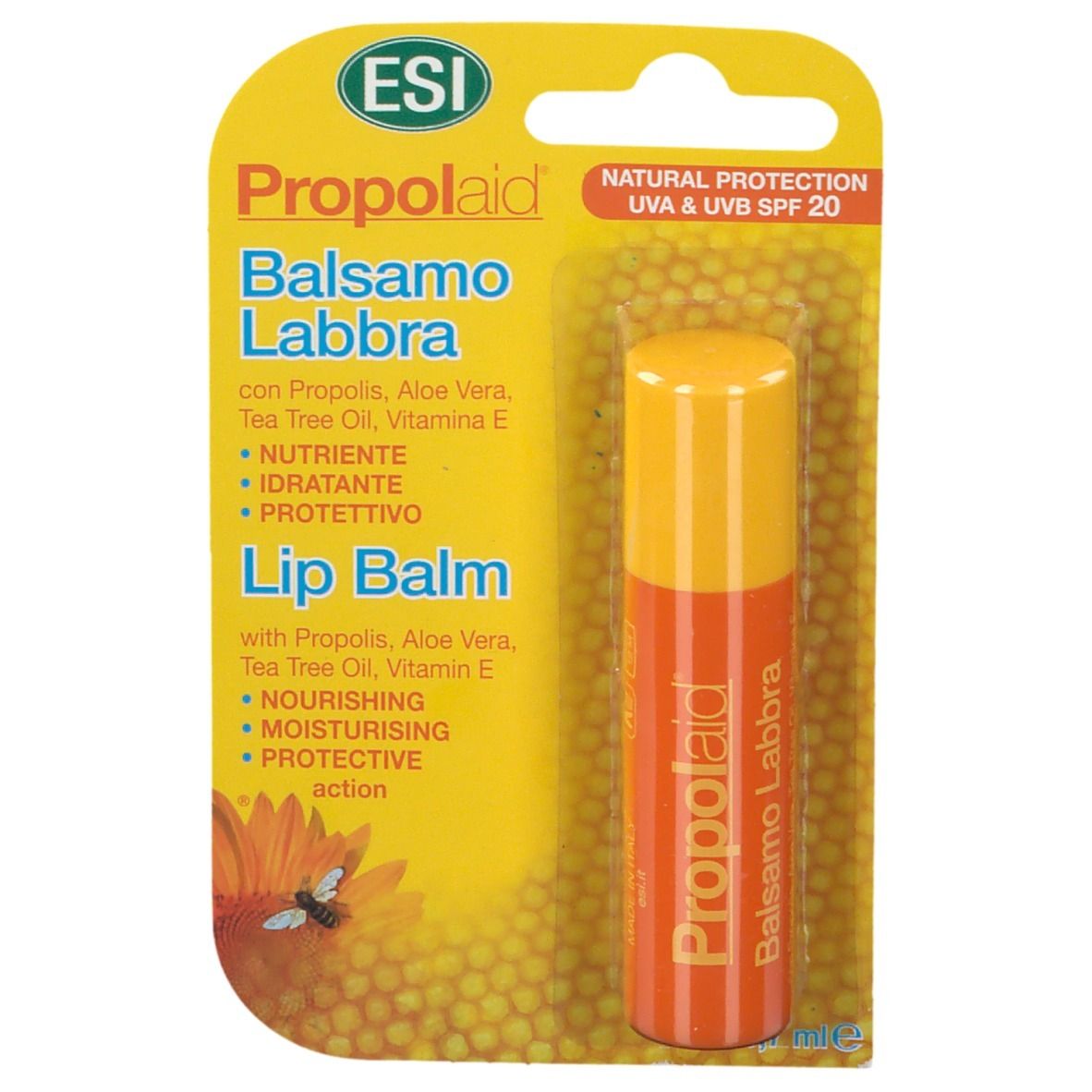 Balsamo labbra in blister. Stick arancione con cappuccio giallo. Testo: Propolaid, Balsamo Labbra, Protezione naturale UVA & UVB SPF 20.