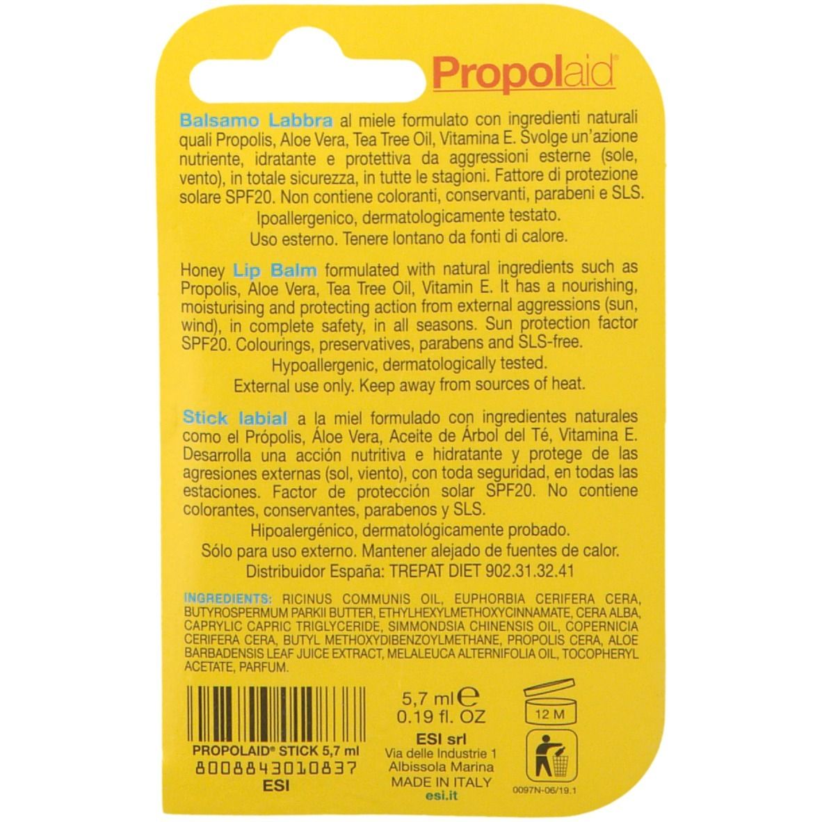 Retro della confezione del balsamo labbra. Testo: Propolaid, Balsamo Labbra, ingredienti, 5,7 ml, SPF20, ESI.