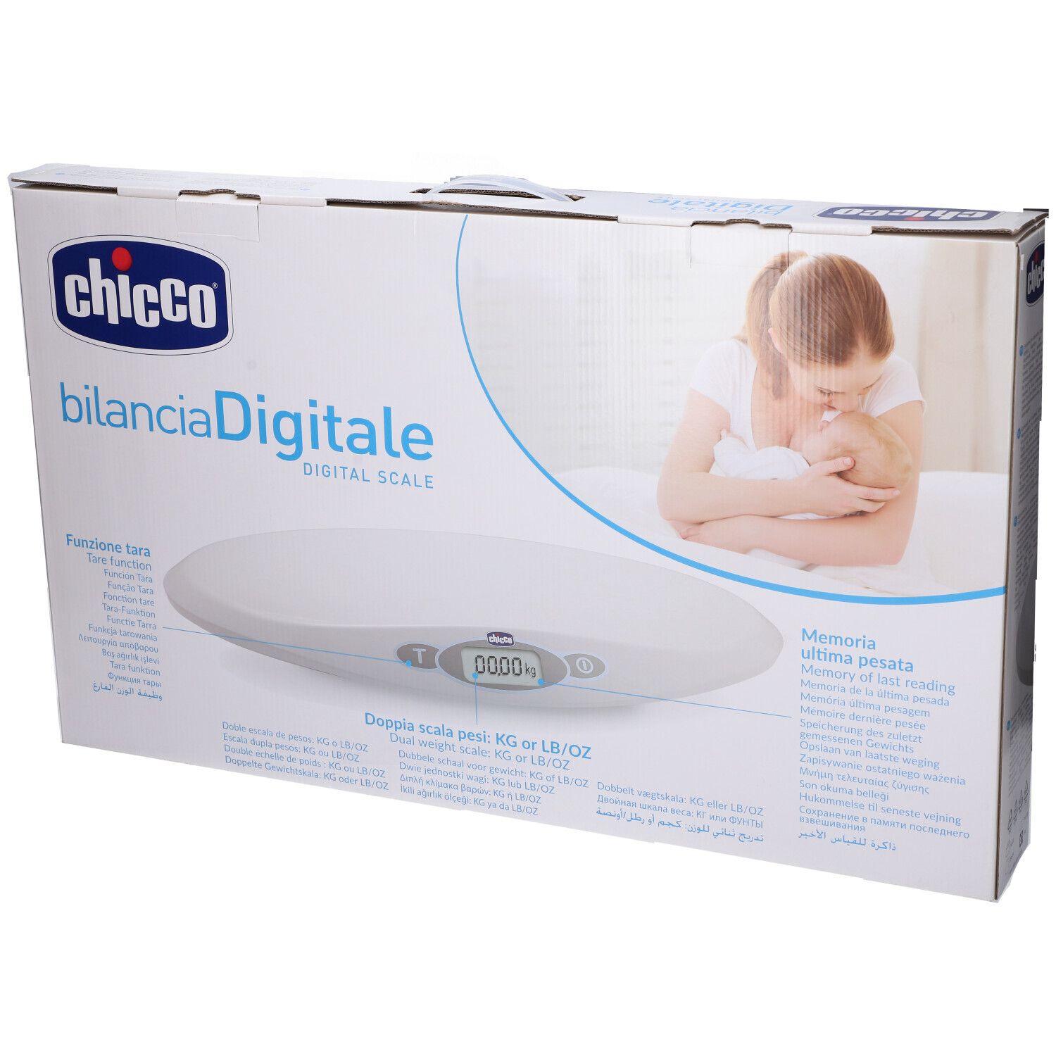 Chicco digitale Babywaage auf Verpackung, mit Display und Mutter mit Baby.