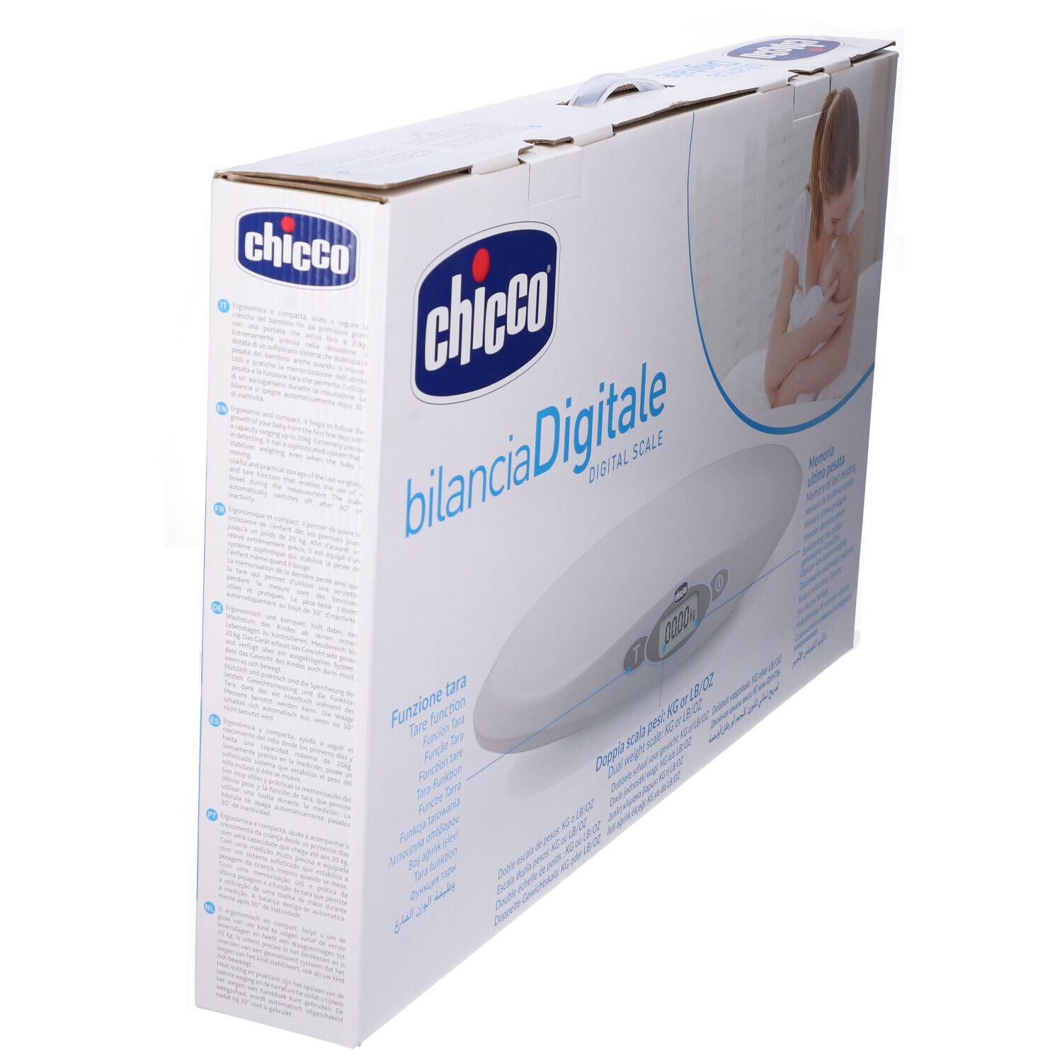 Chicco Babywaage, digitale Waage, weiß, auf Verpackung abgebildet.