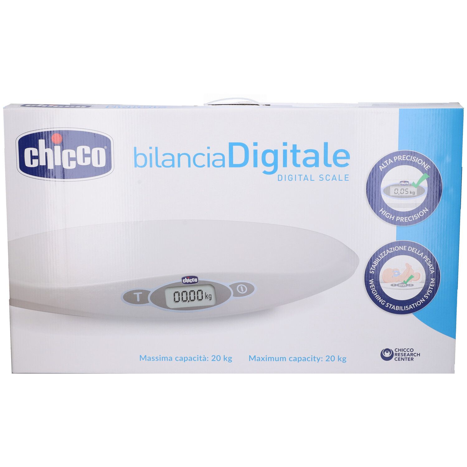 Chicco digitale Babywaage auf weißer Verpackung mit blauen Akzenten. Maximale Kapazität 20 kg.