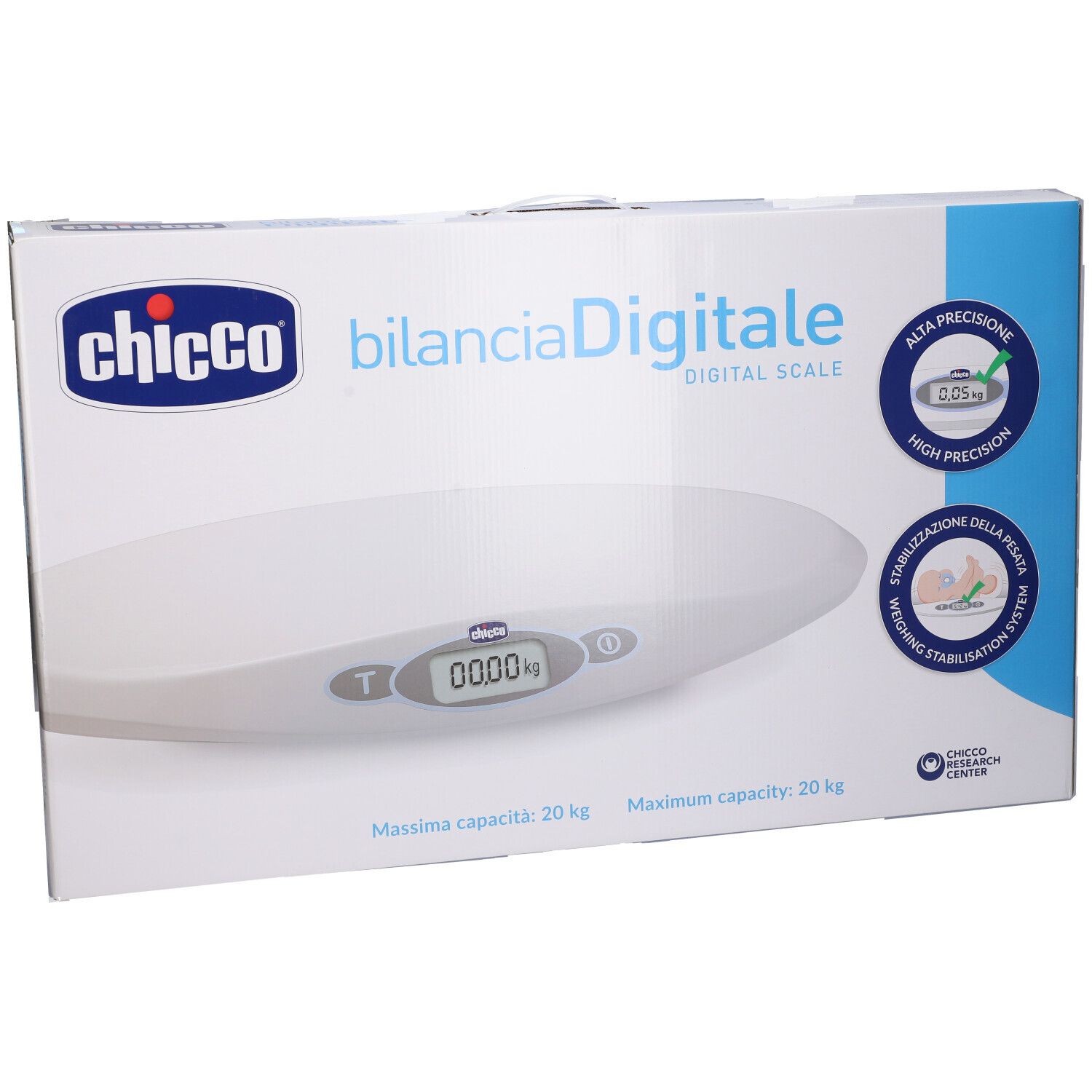 Chicco digitale Babywaage auf weißer Verpackung mit blauen Akzenten. Maximale Kapazität 20 kg.
