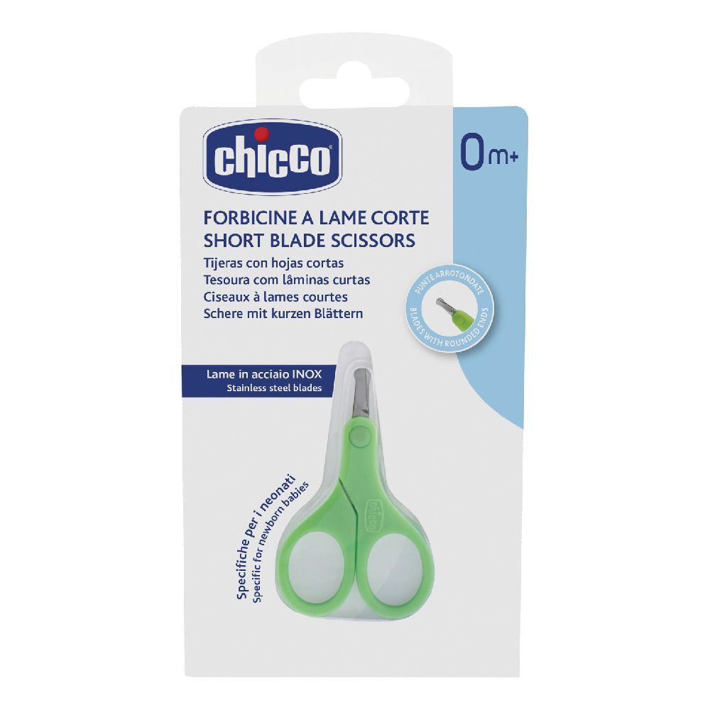 Forbicine verdi per neonati in confezione. Marchio Chicco. Lame in acciaio inox. Specifiche per neonati.