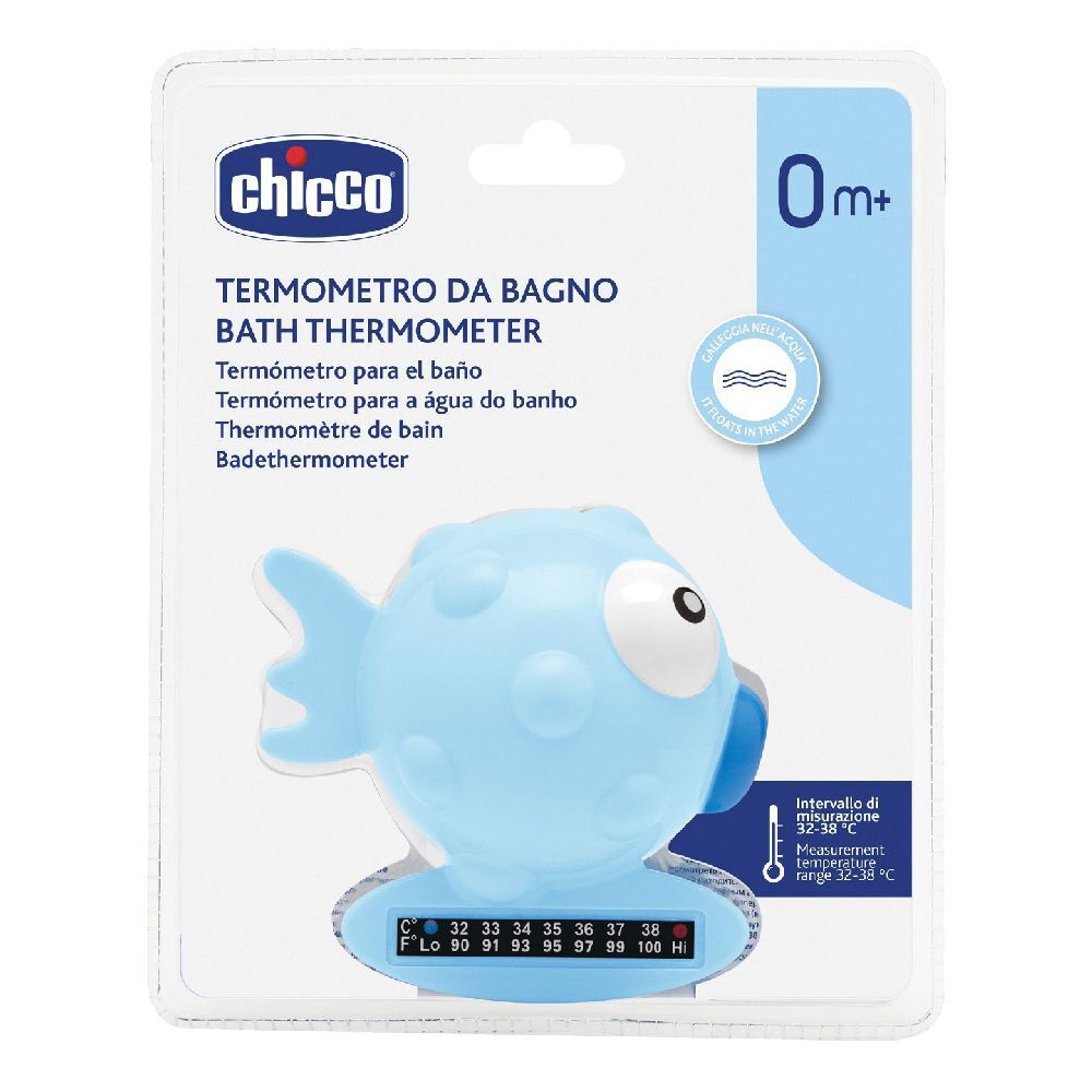 Termometro da bagno a forma di pesce blu, confezionato. Display digitale della temperatura. Chicco.