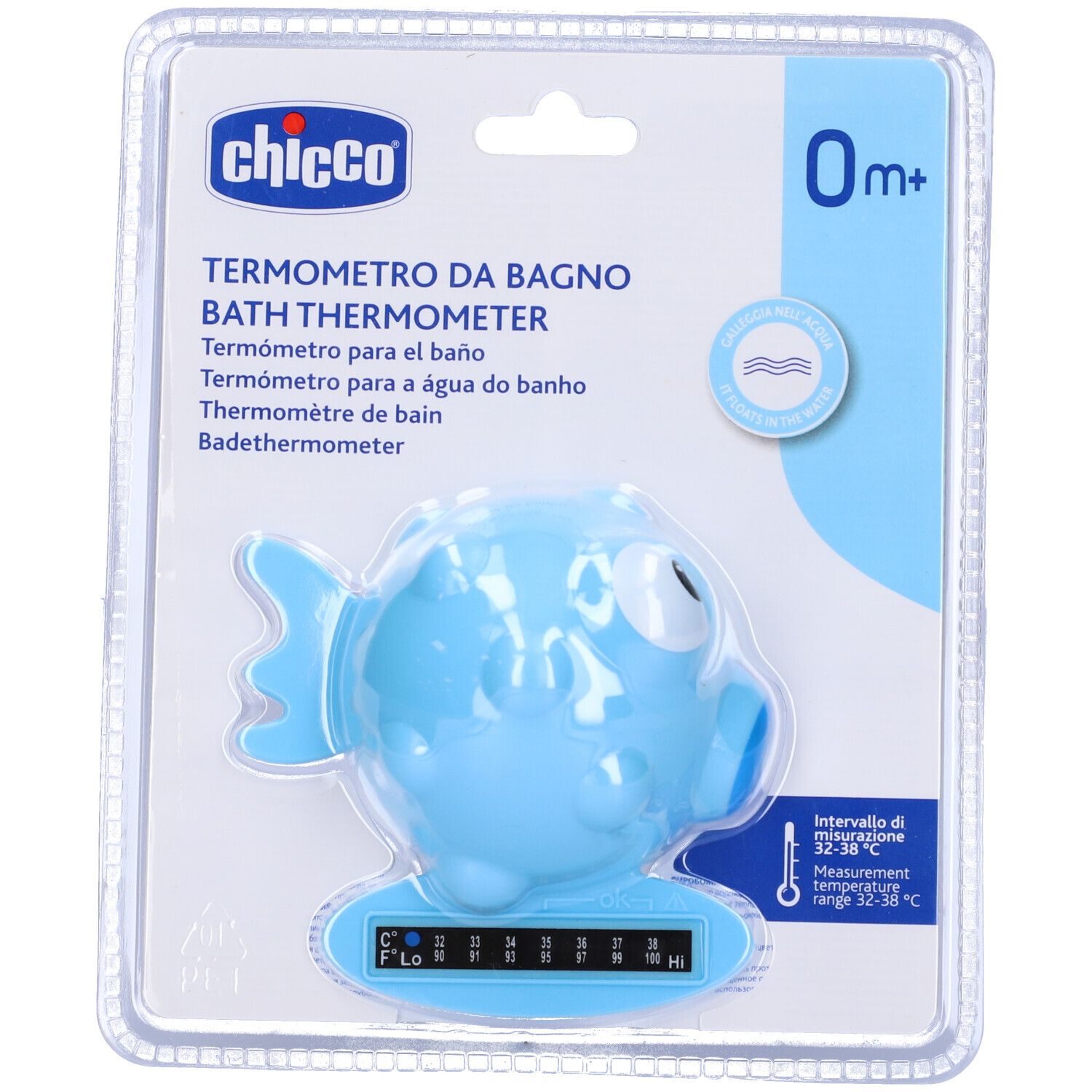 Termometro da bagno a forma di pesce blu, confezionato. Display digitale della temperatura. Chicco.