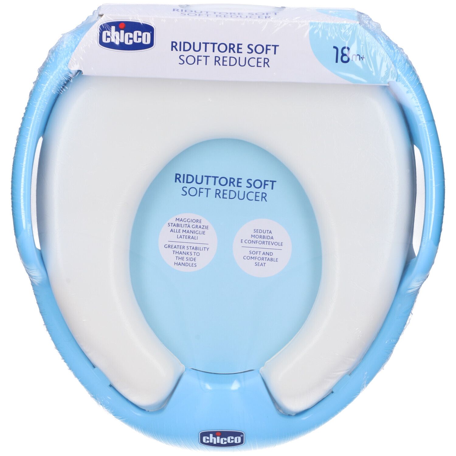 Riduttore Soft Chicco. Sedile WC blu e bianco in confezione. Nome prodotto e indicazione età 18m+. Testo: maggiore stabilità, seduta confortevole.