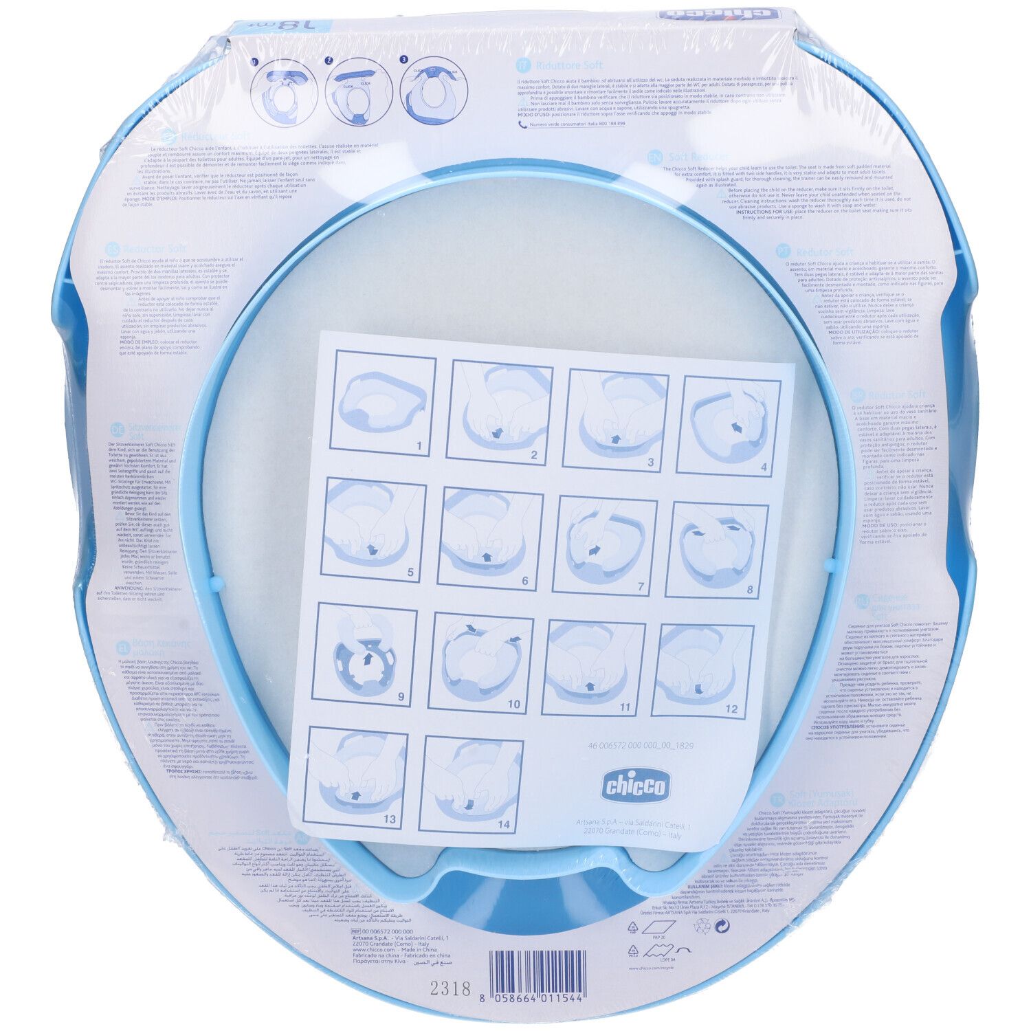 Riduttore Soft Chicco. Retro del sedile WC in confezione. Istruzioni con illustrazioni. Nome del prodotto e logo.