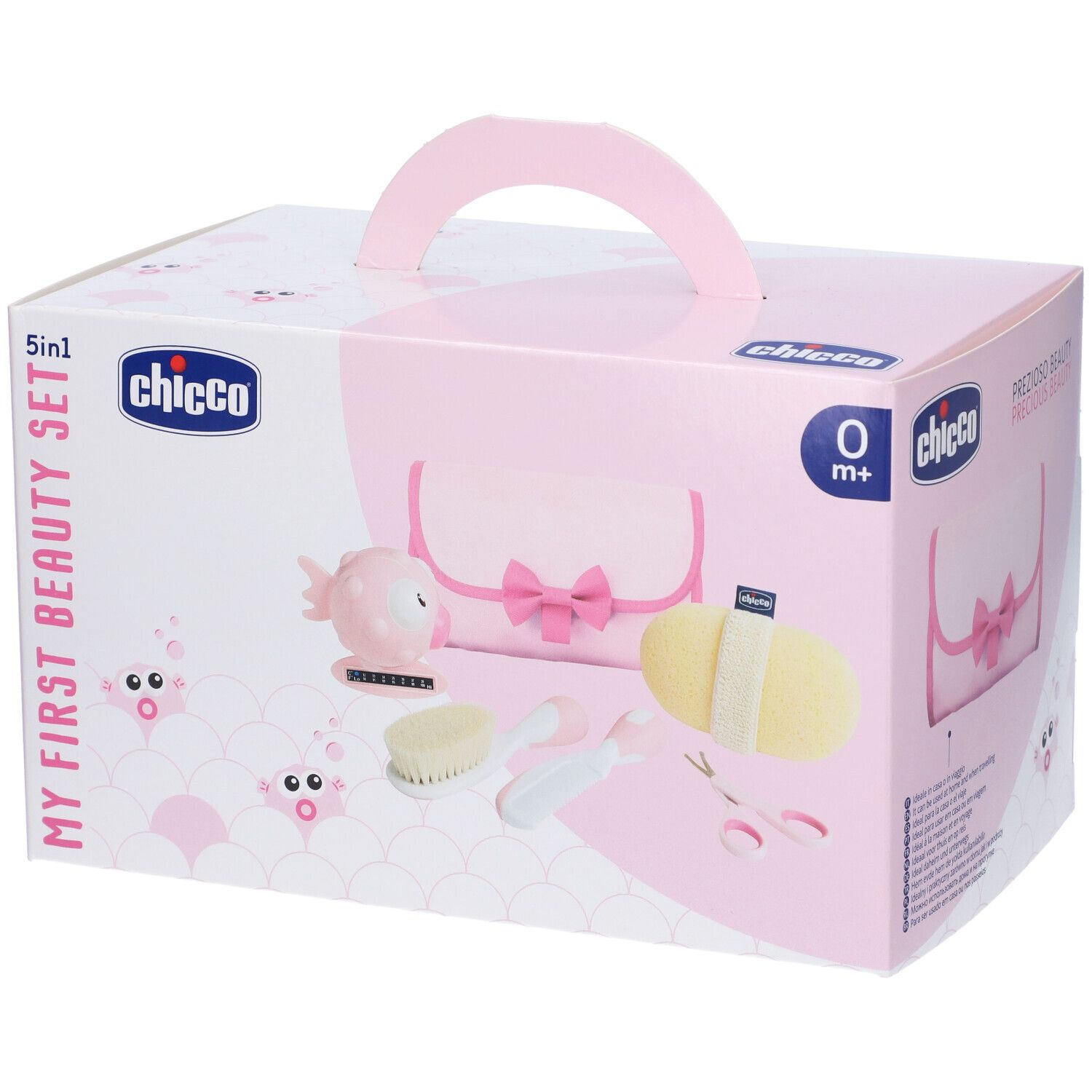 Set bellezza rosa con manico. Include pochette, pesce, spazzola, forbici e spugna. Confezione con logo.