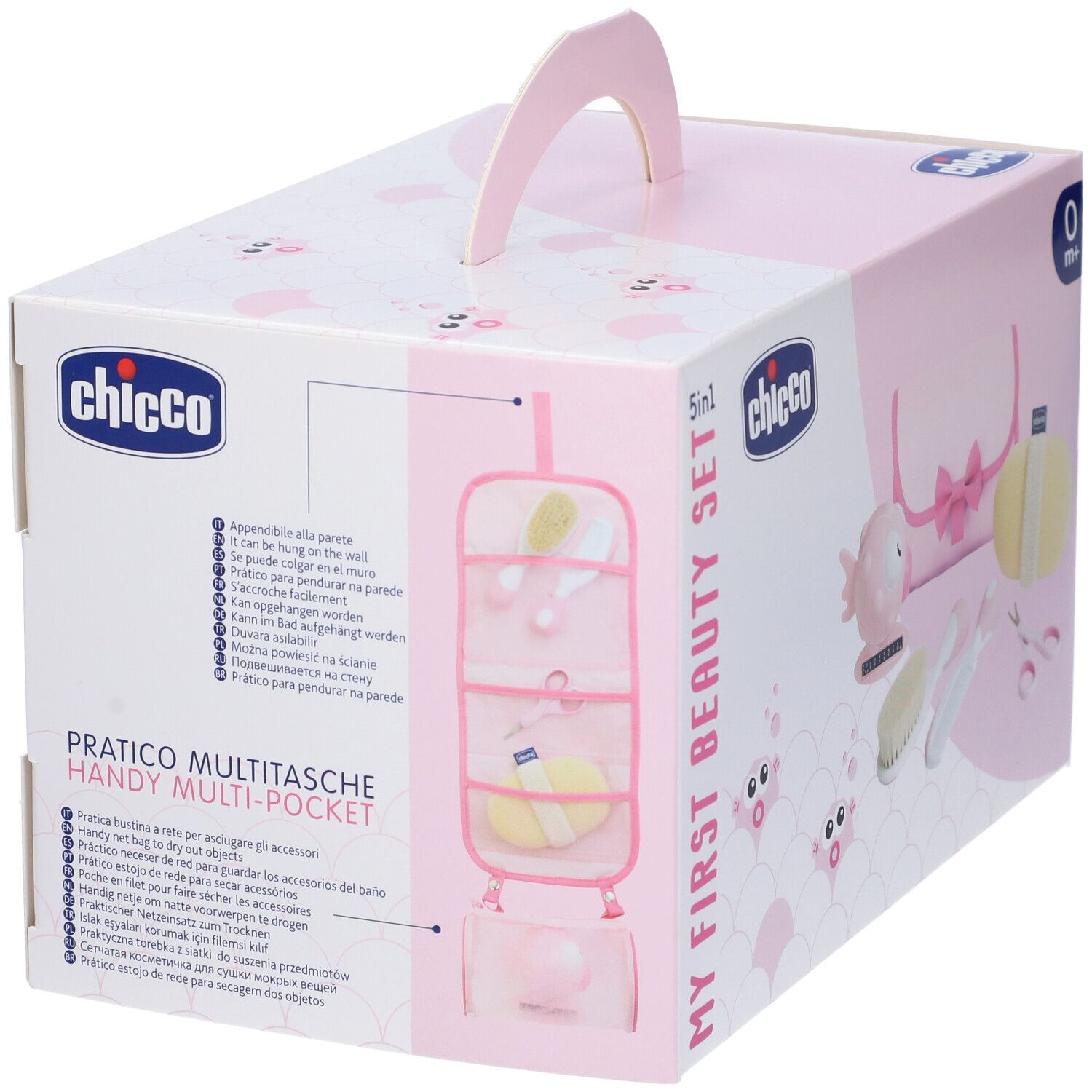 Set bellezza rosa con manico. Include pochette, pesce, spazzola, forbici e spugna. Confezione con logo.