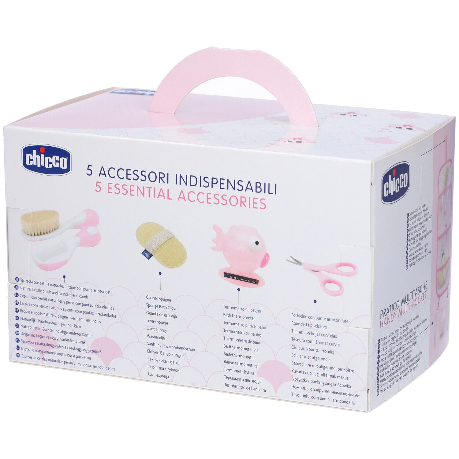 Set bellezza rosa con manico. Include pochette, pesce, spazzola, forbici e spugna. Confezione con logo.
