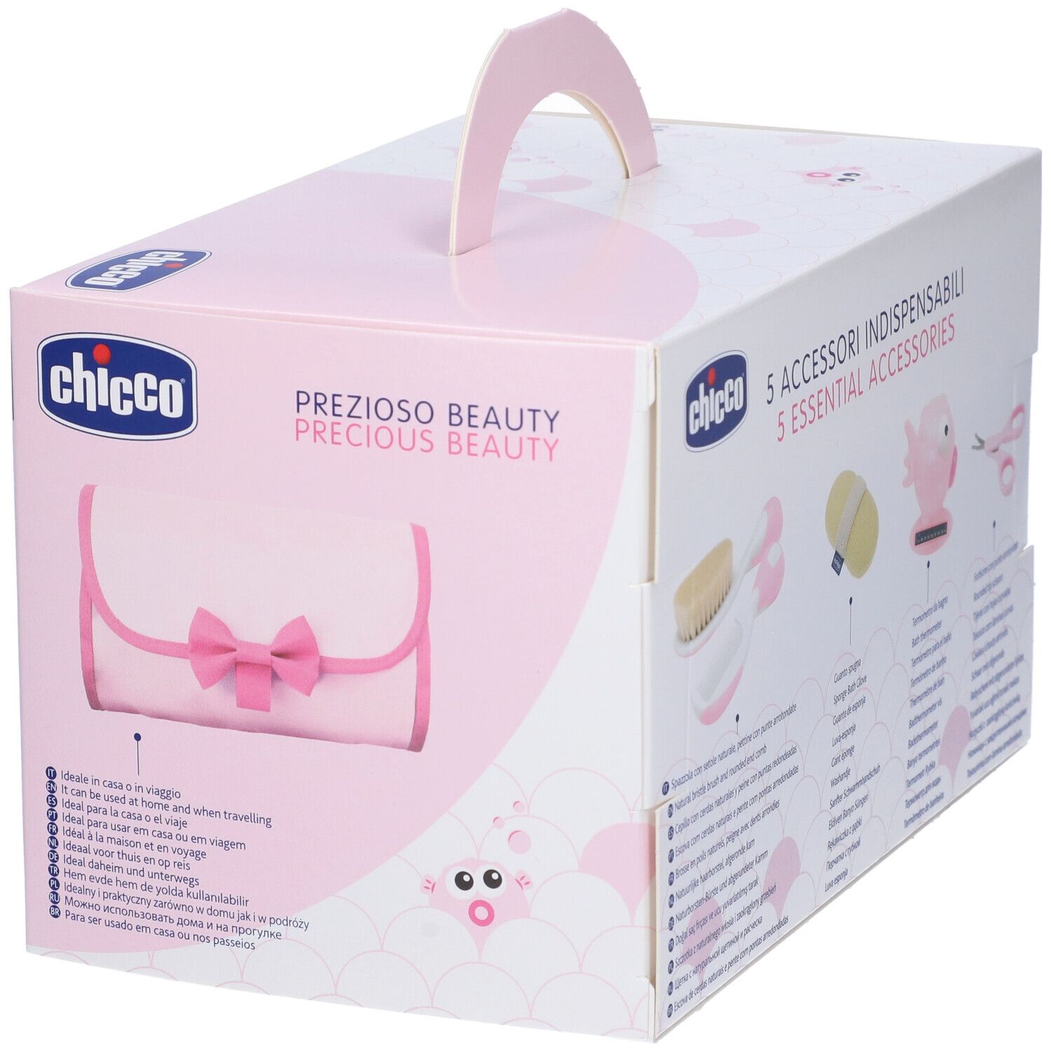 Set bellezza rosa con manico. Include pochette, pesce, spazzola, forbici e spugna. Confezione con logo.