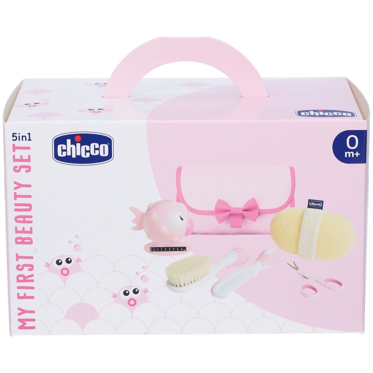 Set bellezza rosa con manico. Include pochette, pesce, spazzola, forbici e spugna. Confezione con logo.