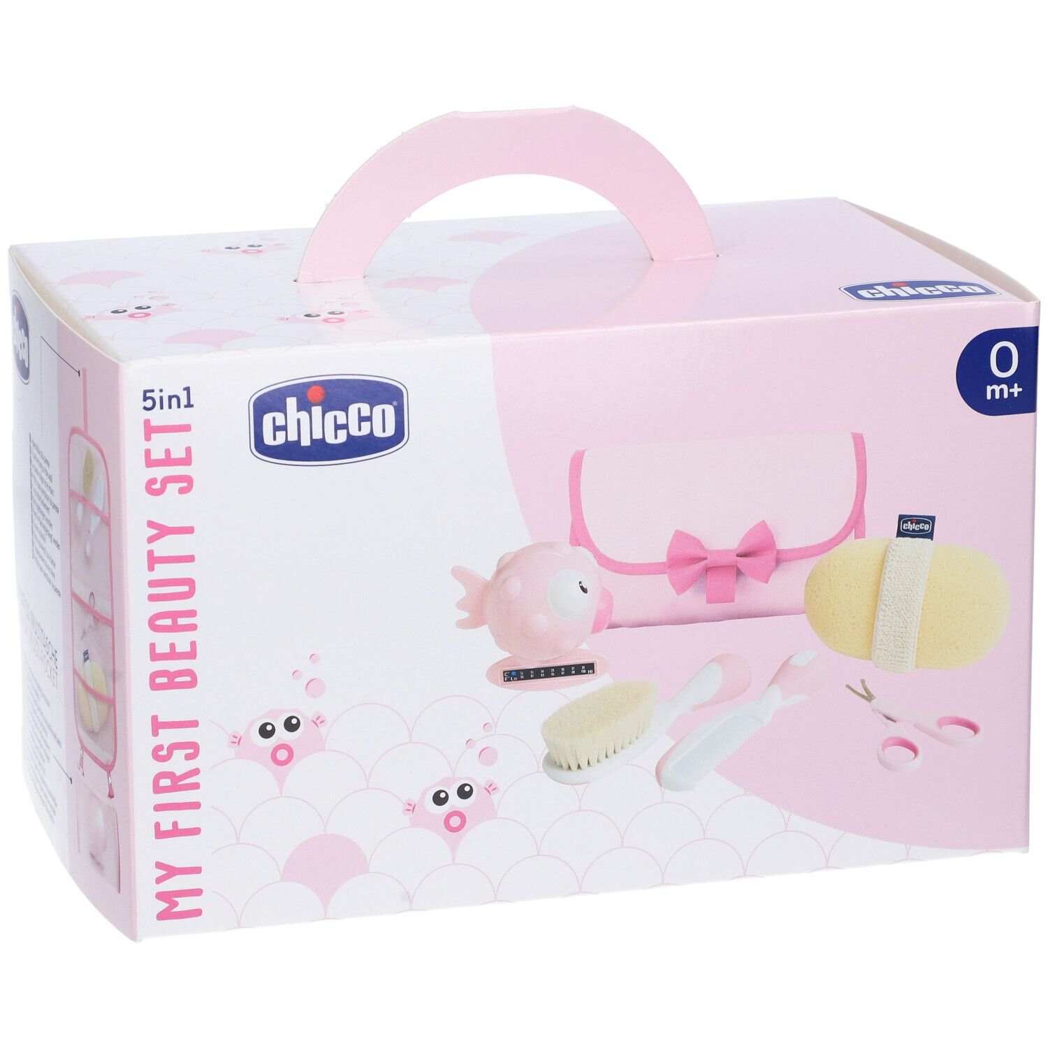 Set bellezza rosa con manico. Include pochette, pesce, spazzola, forbici e spugna. Confezione con logo.
