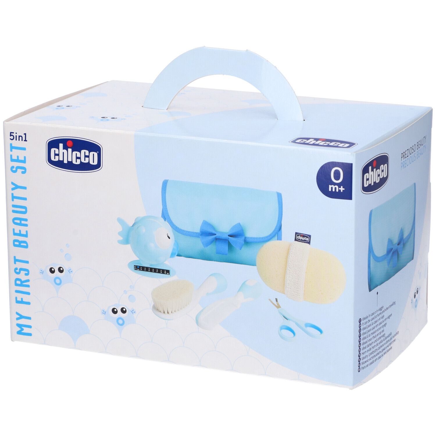 Set Chicco Igiene Azzurro. Scatola con 5 pezzi. Include pochette, spugna, spazzola, forbici e termometro a forma di pesce. Marchio Chicco.