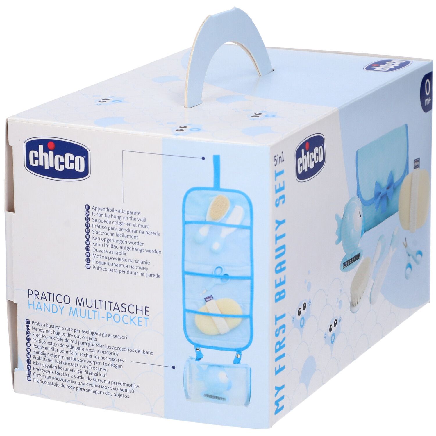 Set Chicco Igiene Azzurro. Scatola con 5 pezzi. Include una pochette con scomparti, spugna, spazzola, forbici e termometro a forma di pesce.
