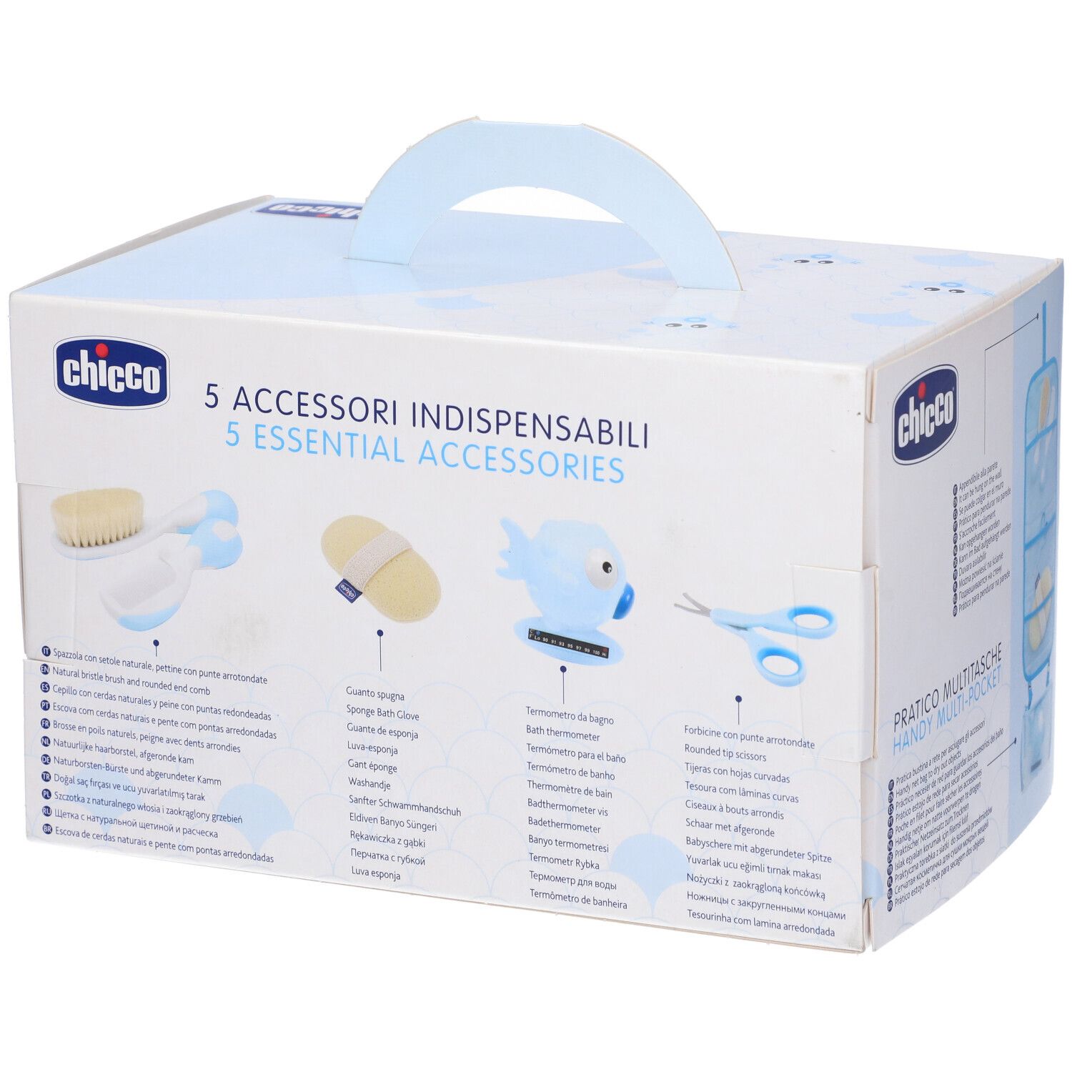Set Chicco Igiene Azzurro. Scatola con 5 pezzi. Include pochette, spugna, spazzola, forbici e termometro a forma di pesce. Marchio Chicco.