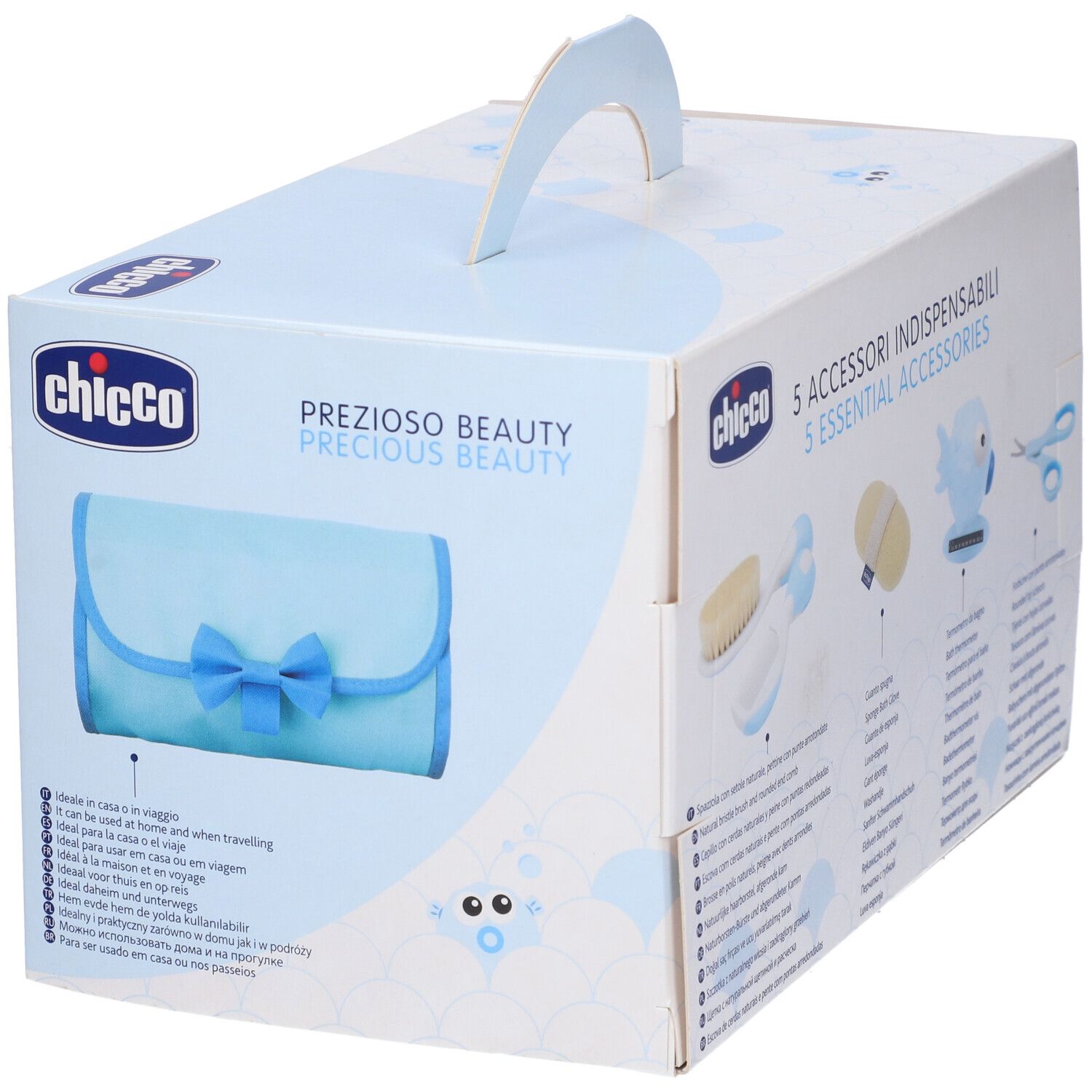 Set Chicco Igiene Azzurro. Scatola con 5 pezzi. Include pochette, spugna, spazzola, forbici e termometro a forma di pesce. Marchio Chicco.